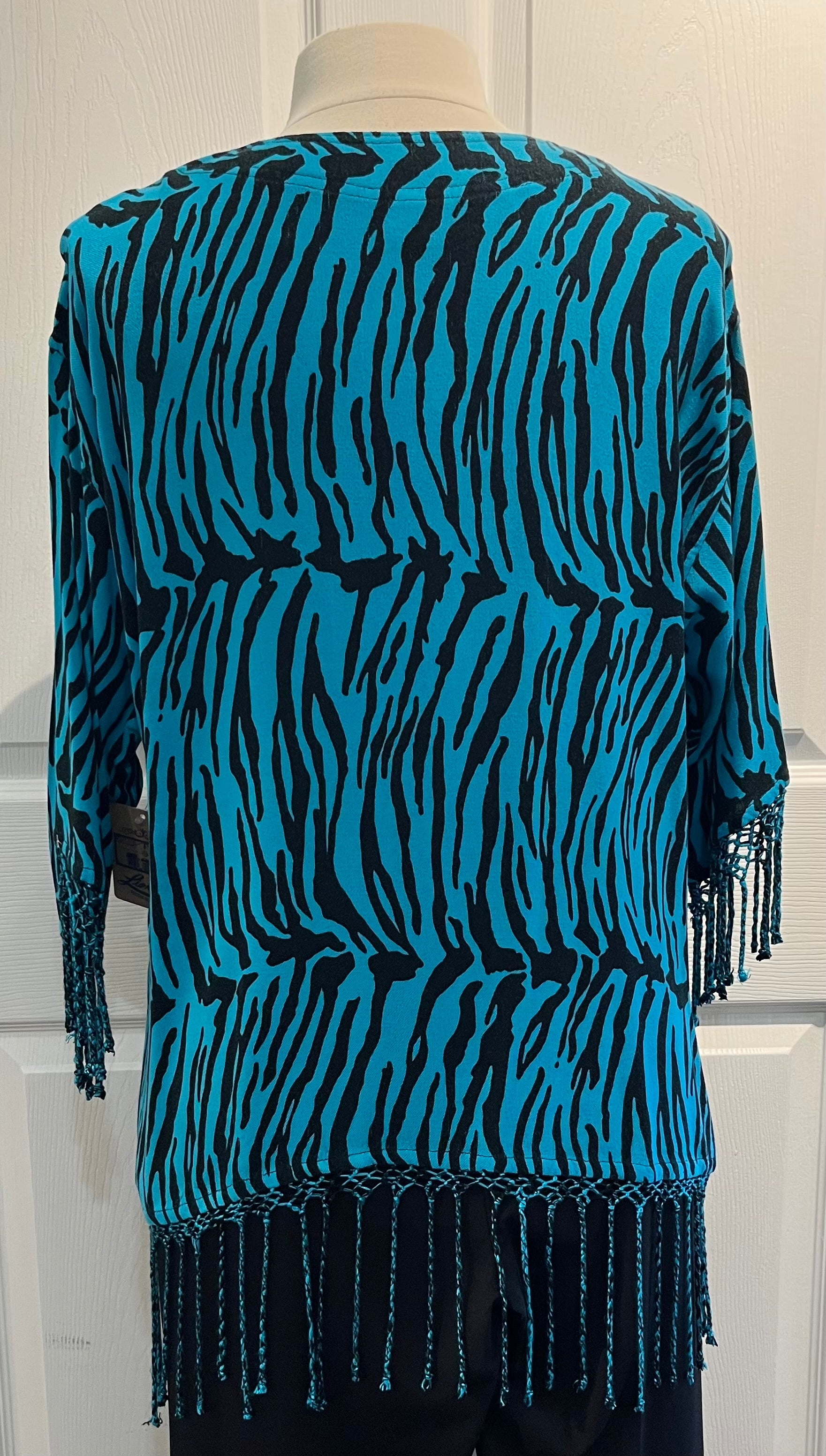 Dairi V-Neck Turquoise Zebra Design Tunic w/ Fringe