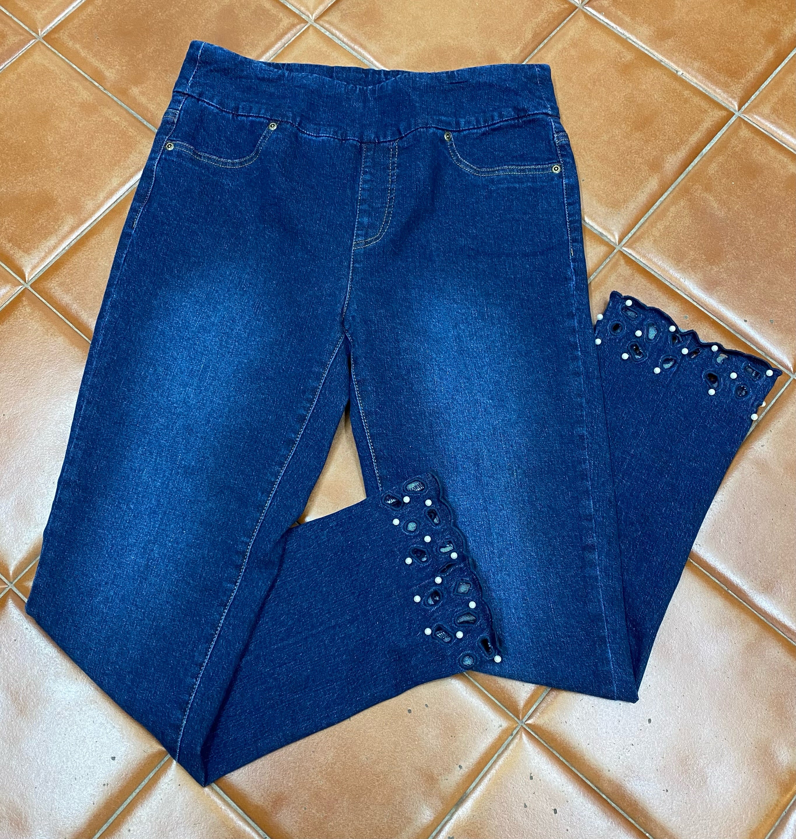 Denim Pull On Jeans w/ Pearl Details at Hem by Slimsation