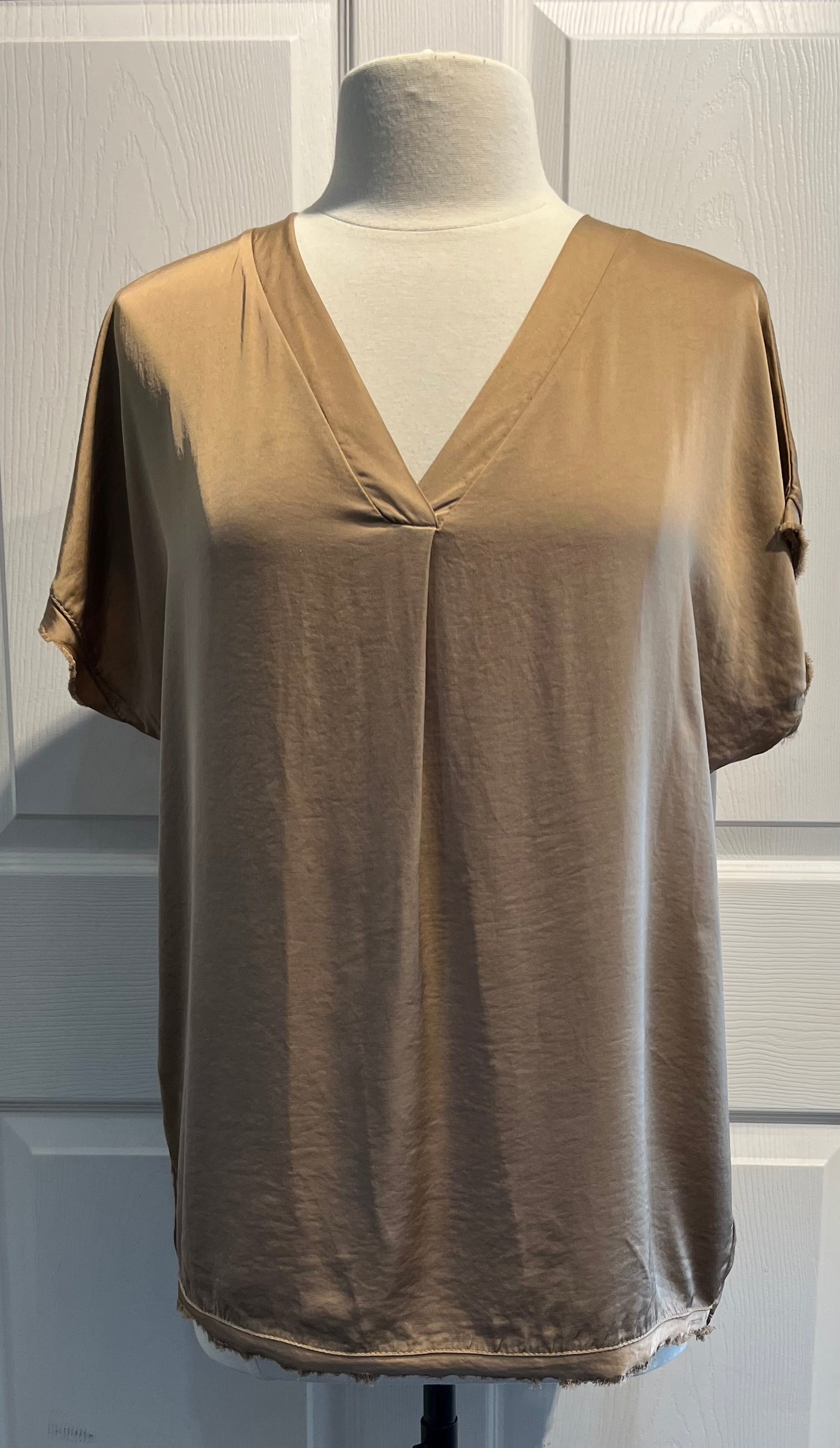 Camel Silky V-Neck Top with Raw Hem