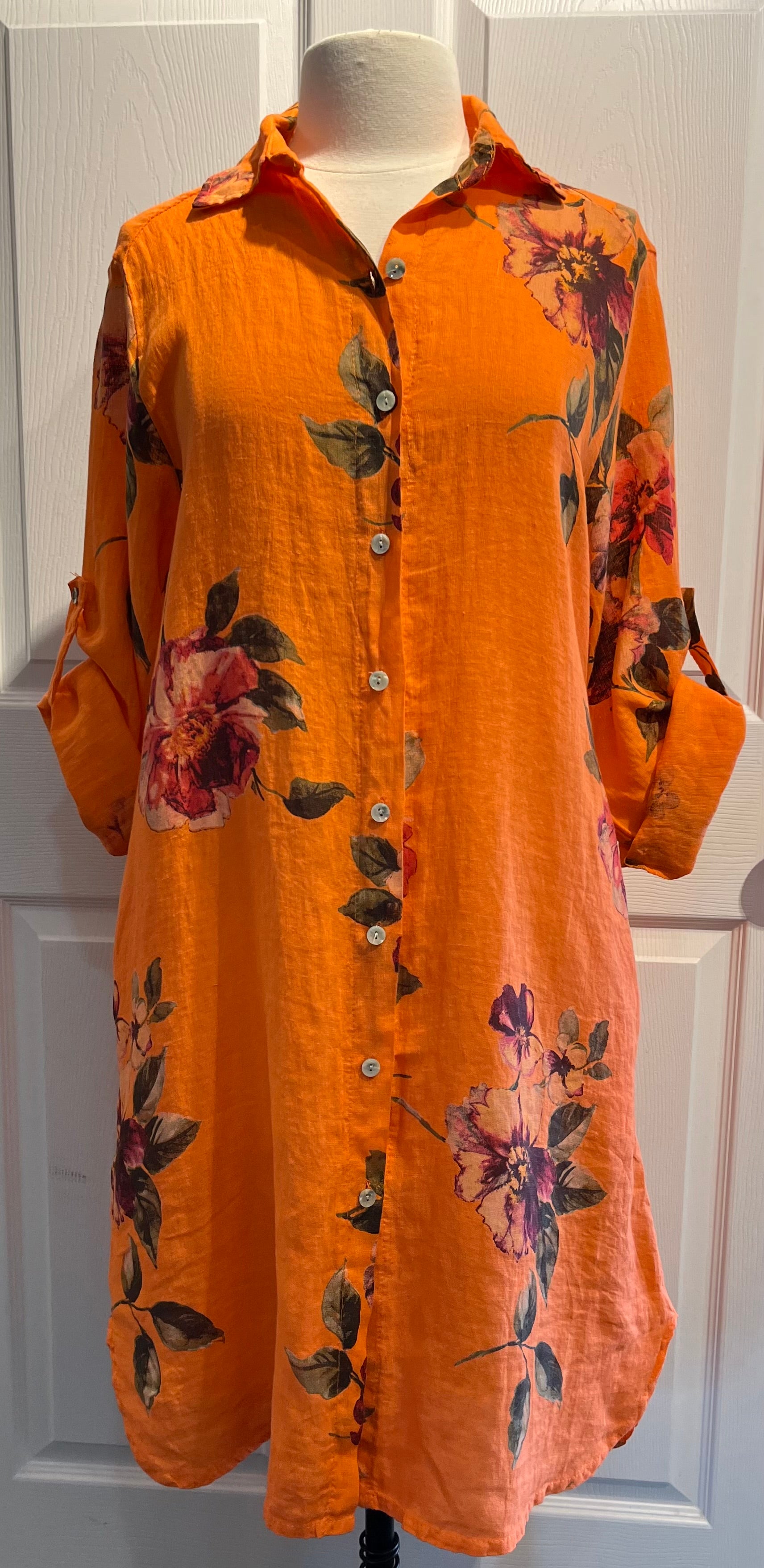 Orange Floral Linen Shirt Dress