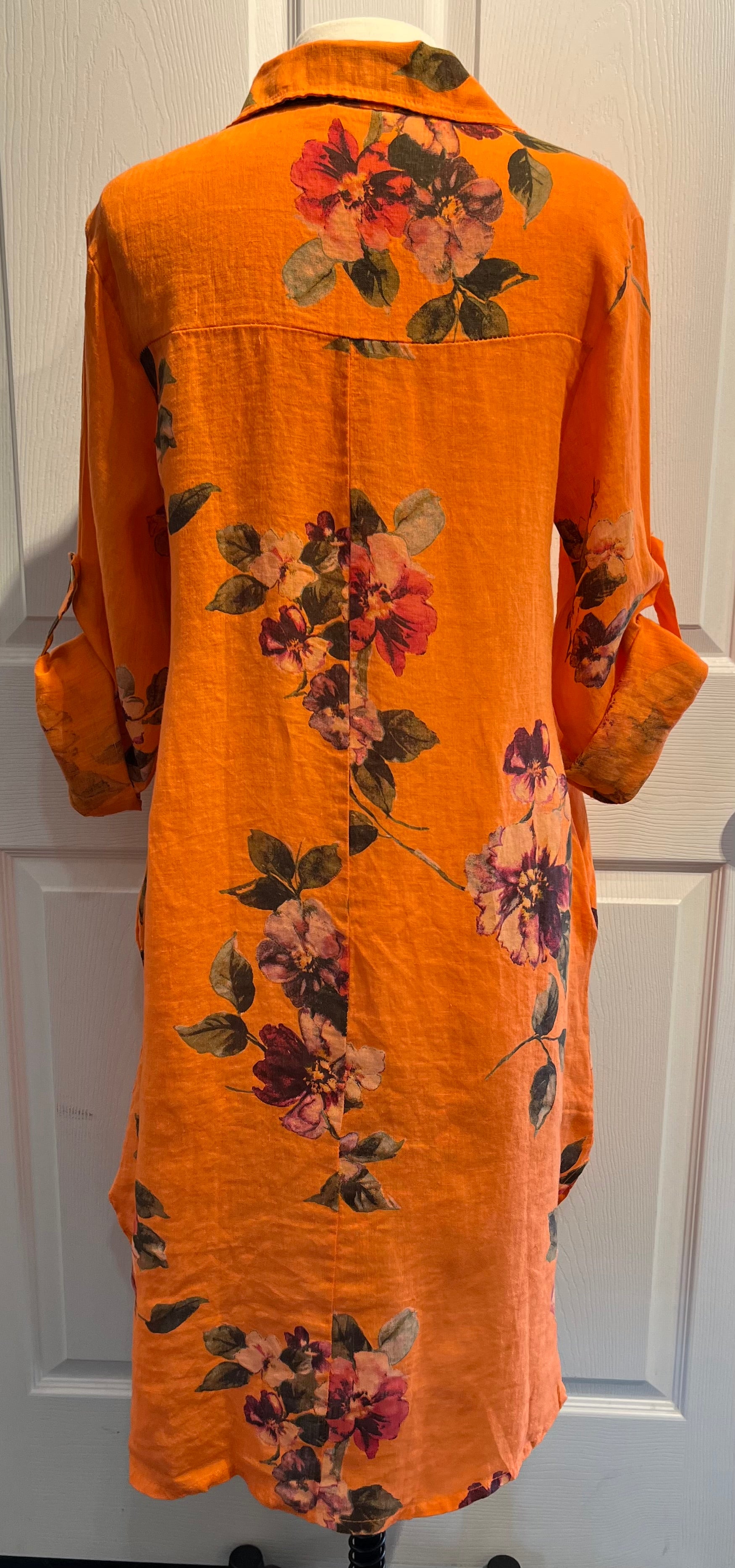 Orange Floral Linen Shirt Dress