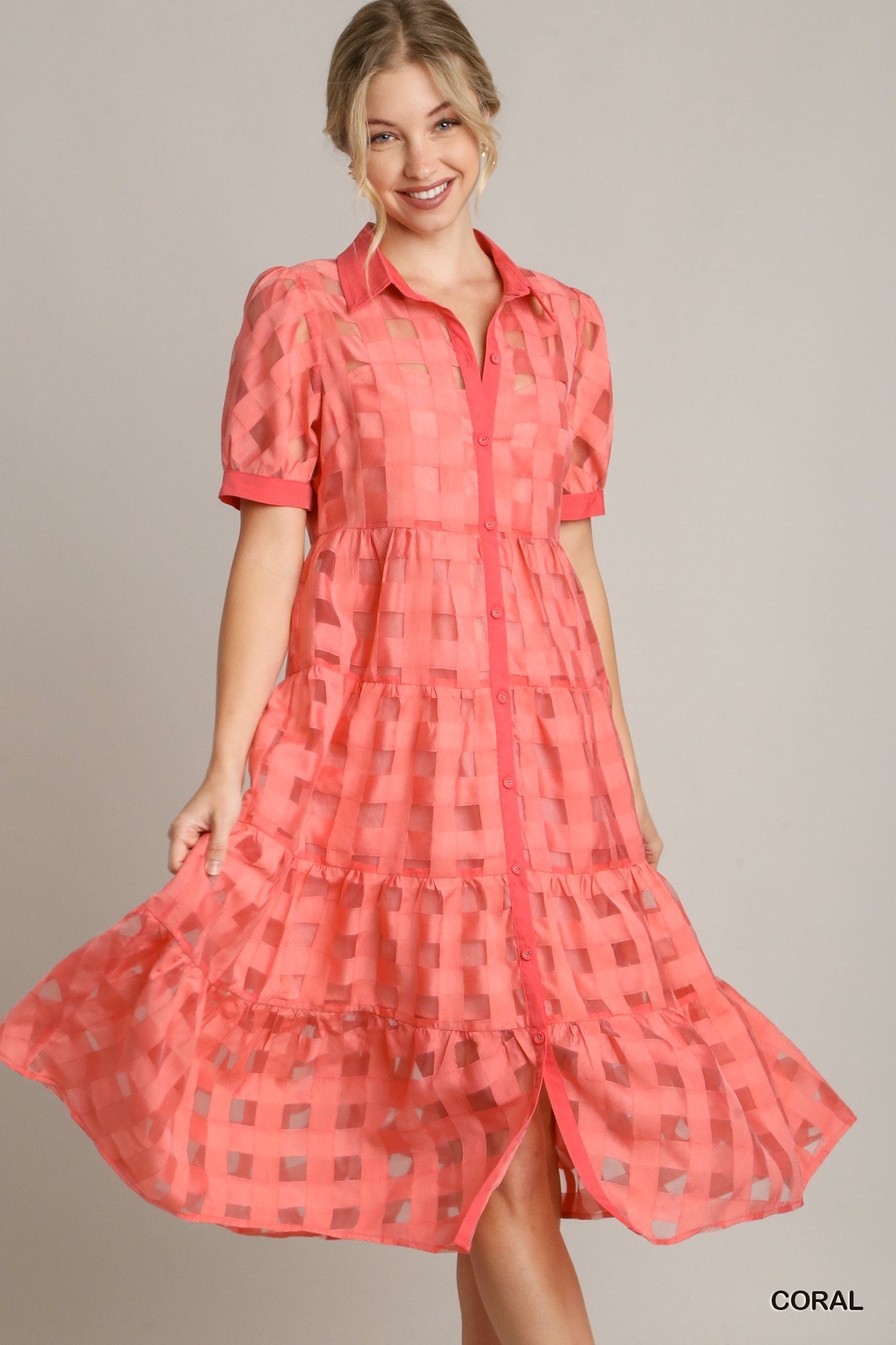 Coral Basket Weave Organza Midi Dress