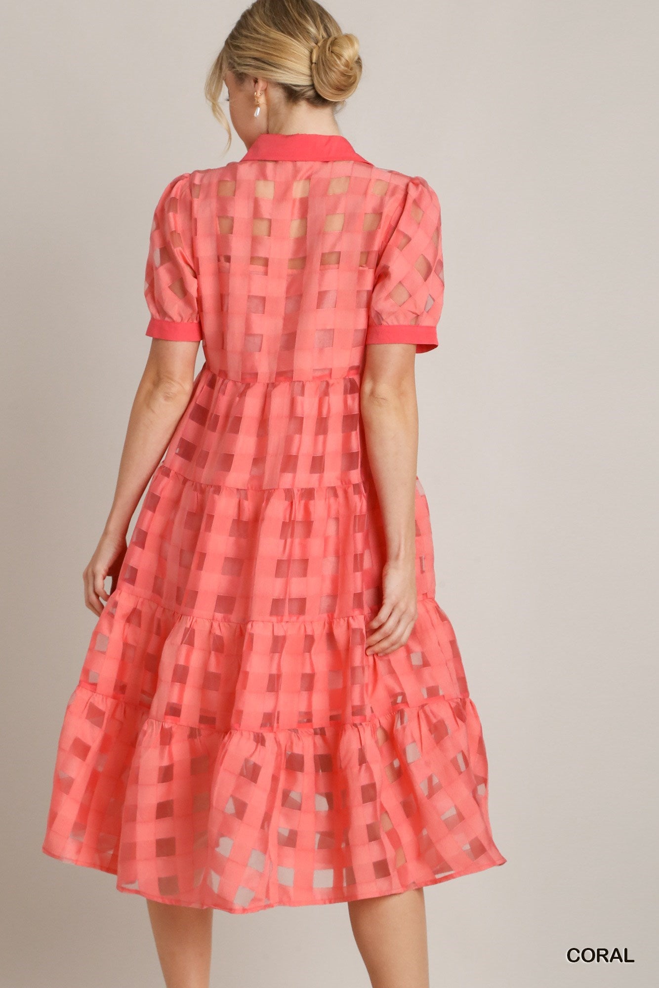 Coral Basket Weave Organza Midi Dress