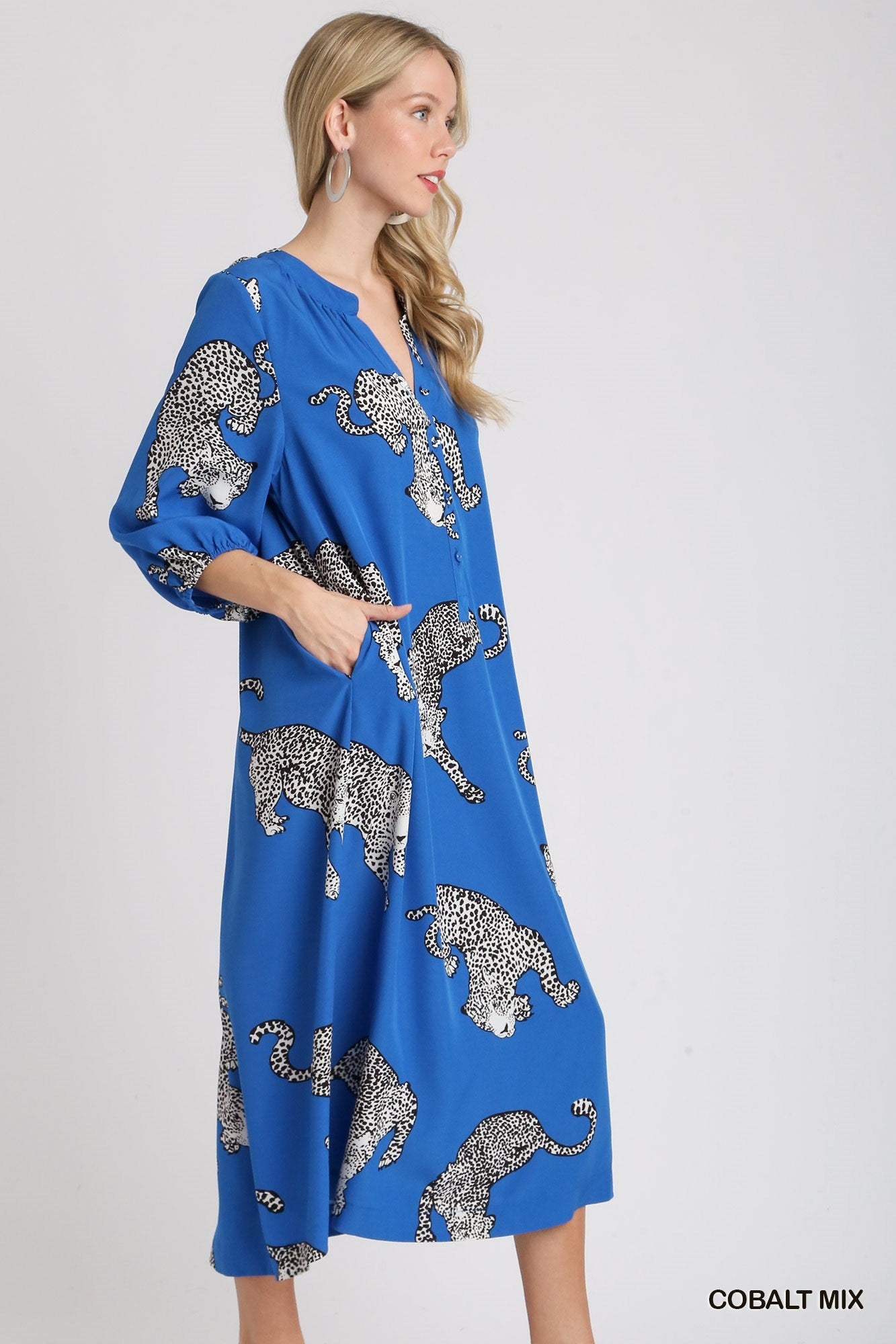 Royal Blue Mix Cheetah Print Midi Dress