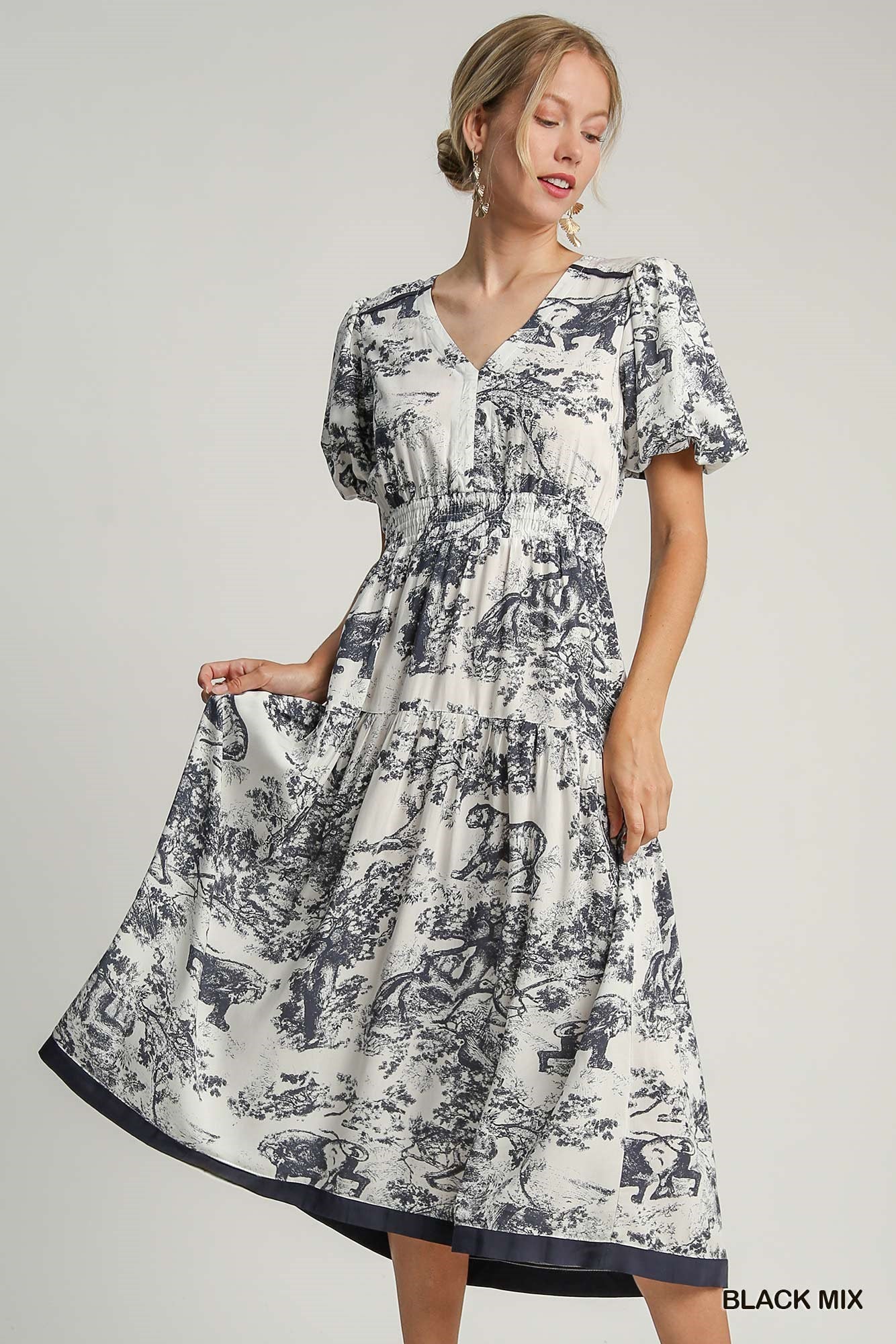 White w/ Midnight Blue Toile Print Midi Dress