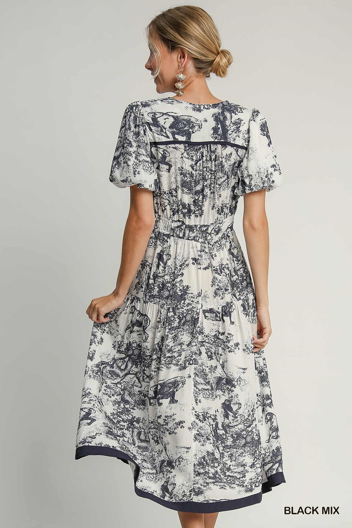 White w/ Midnight Blue Toile Print Midi Dress