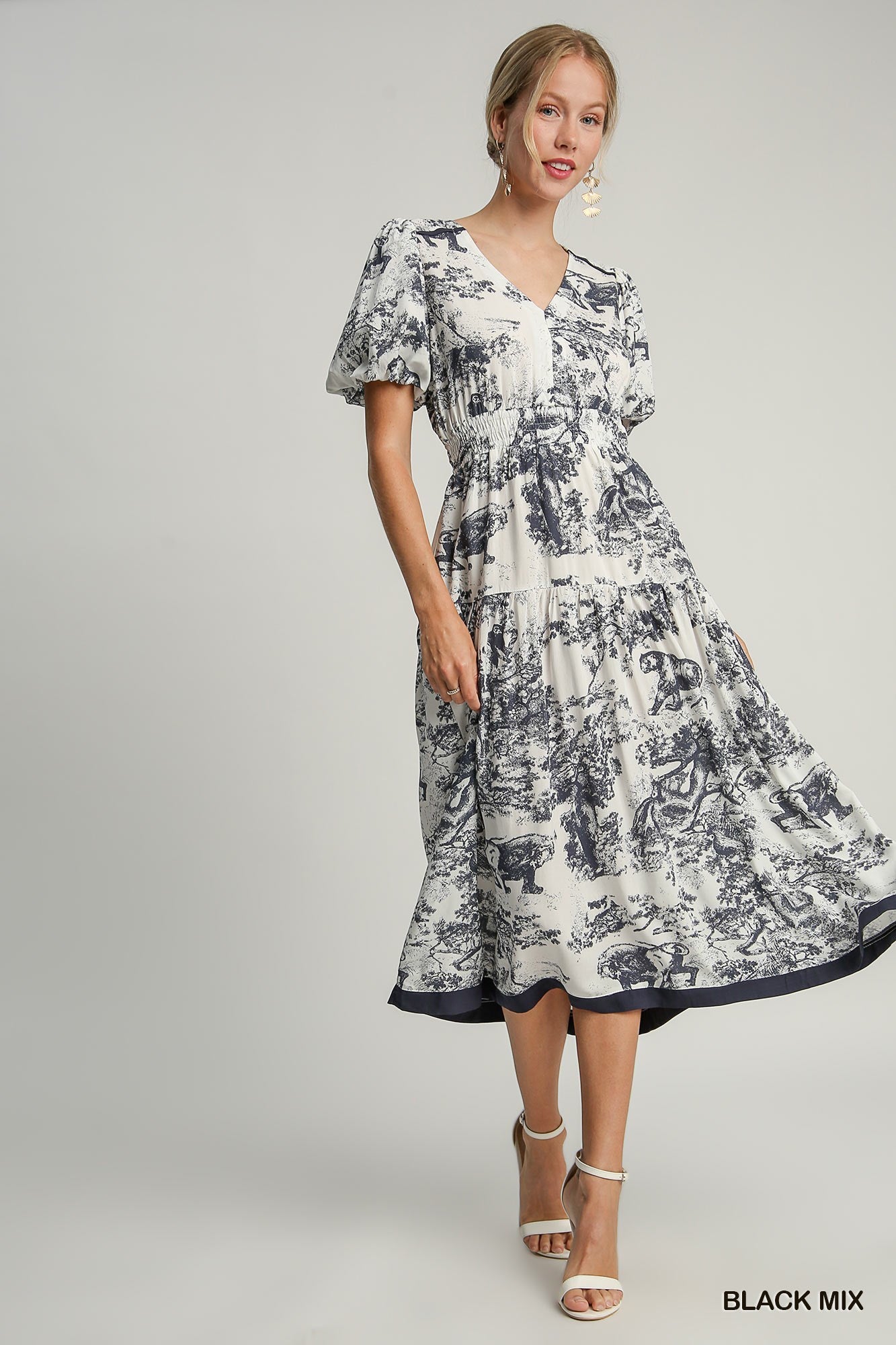 White w/ Midnight Blue Toile Print Midi Dress