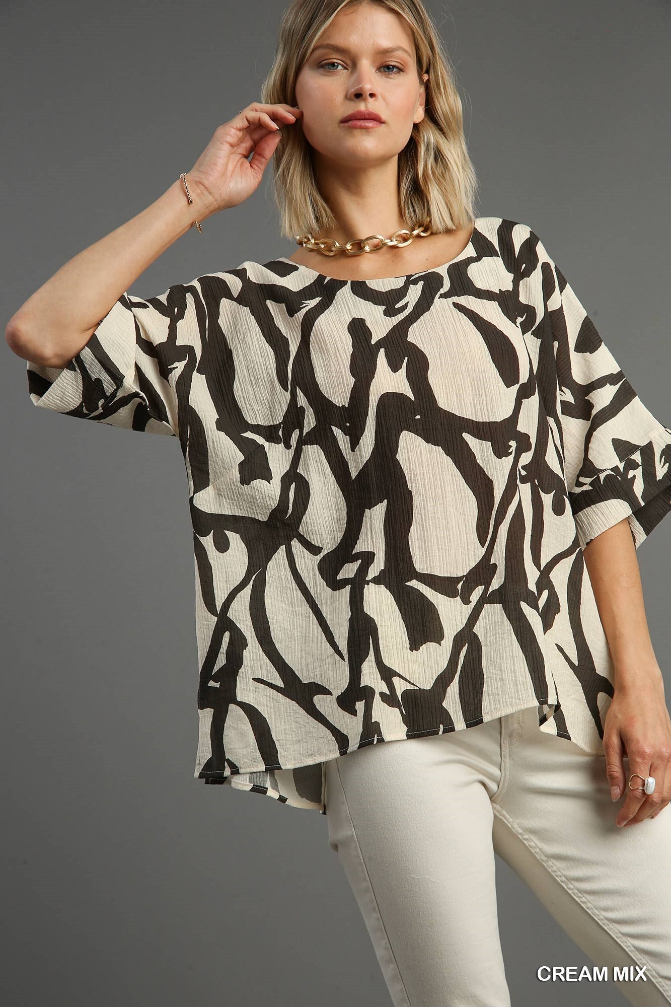 Cream & Black Abstract Print Boxy Cut Top