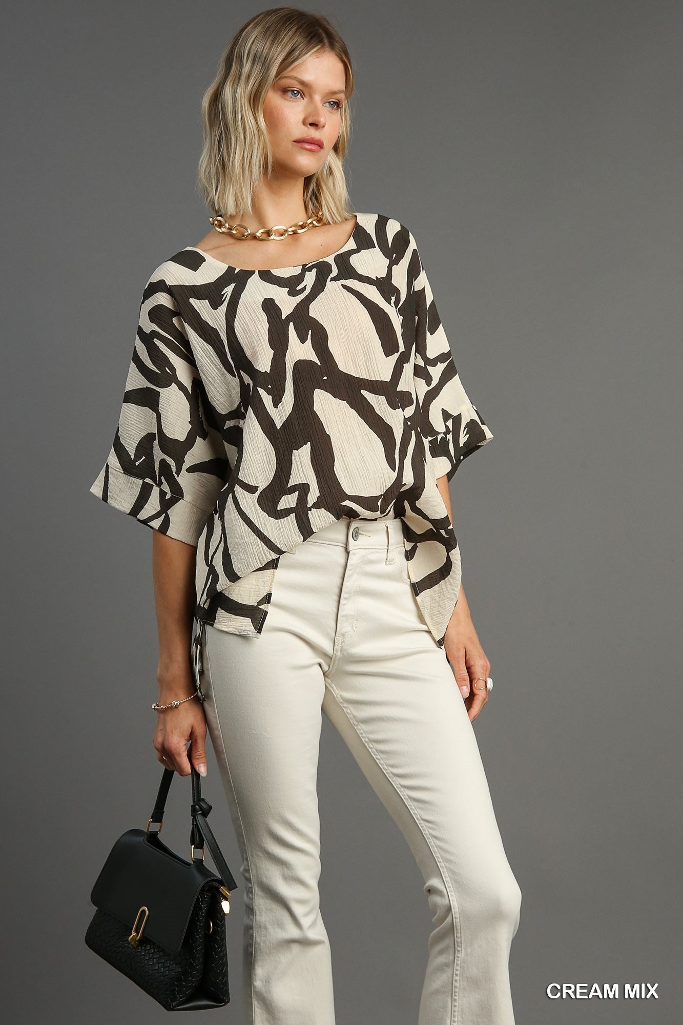 Cream & Black Abstract Print Boxy Cut Top