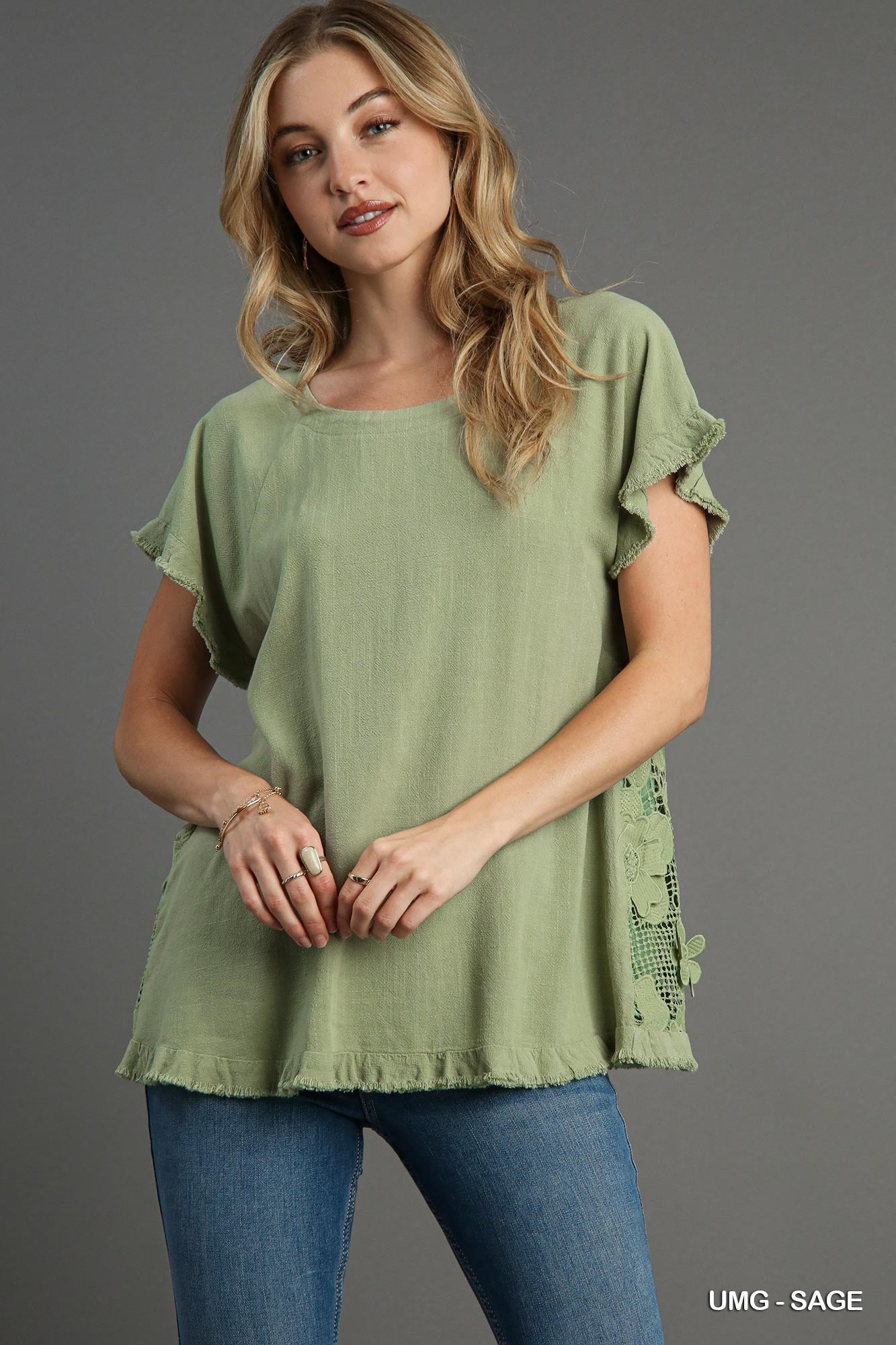 Sage Green Linen & Cotton Blend Floral Lace Top