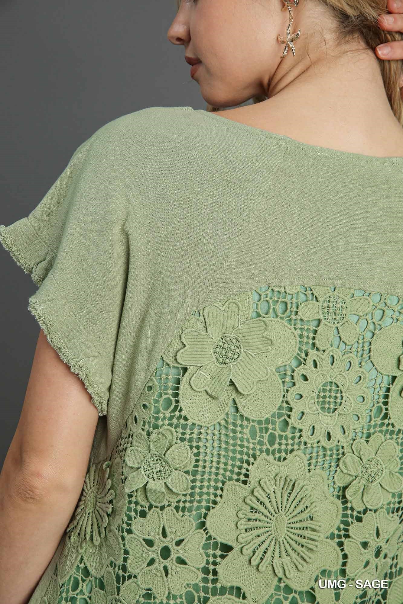 Sage Green Linen & Cotton Blend Floral Lace Top