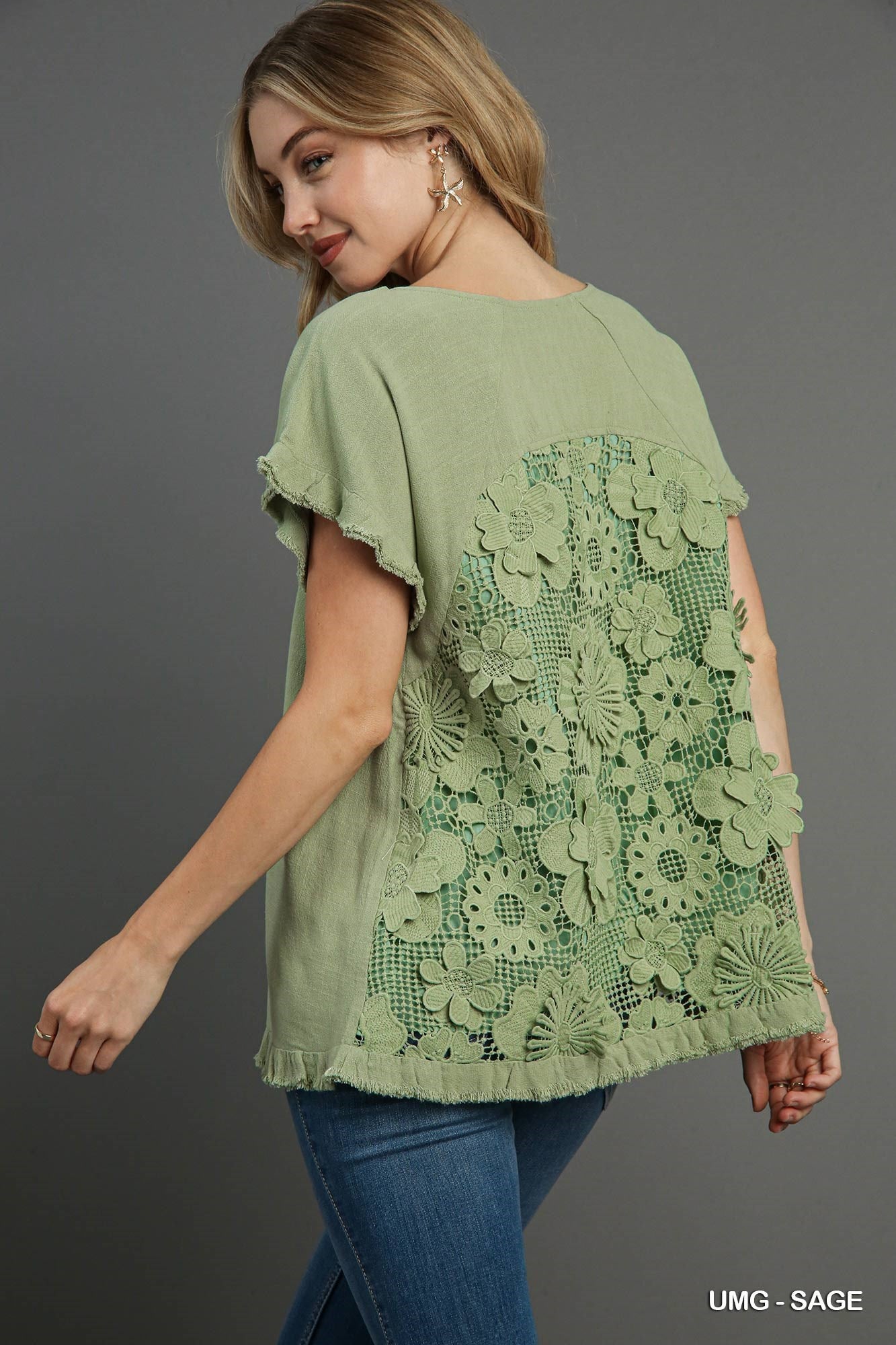 Sage Green Linen & Cotton Blend Floral Lace Top