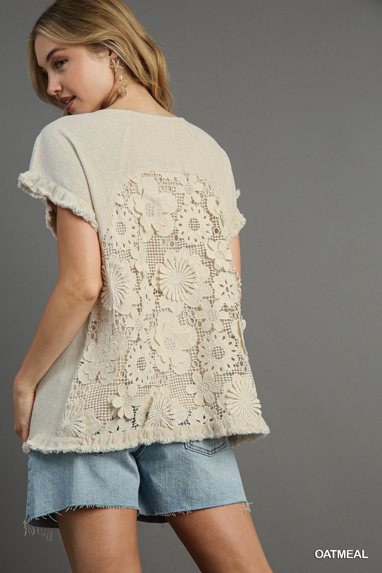 Oatmeal Linen & Cotton Blend  back Floral Lace Top