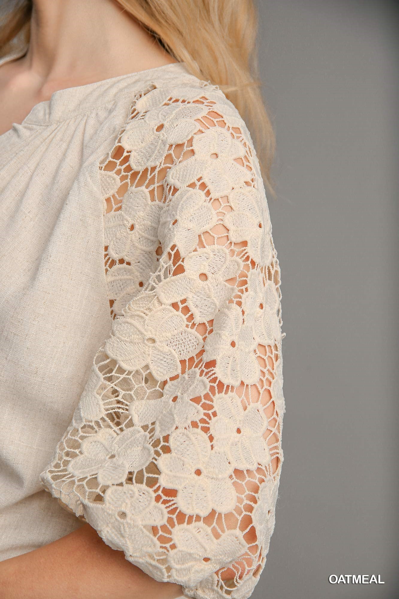 Oatmeal Linen Blend Top w/ Floral Lace Puff Sleeves