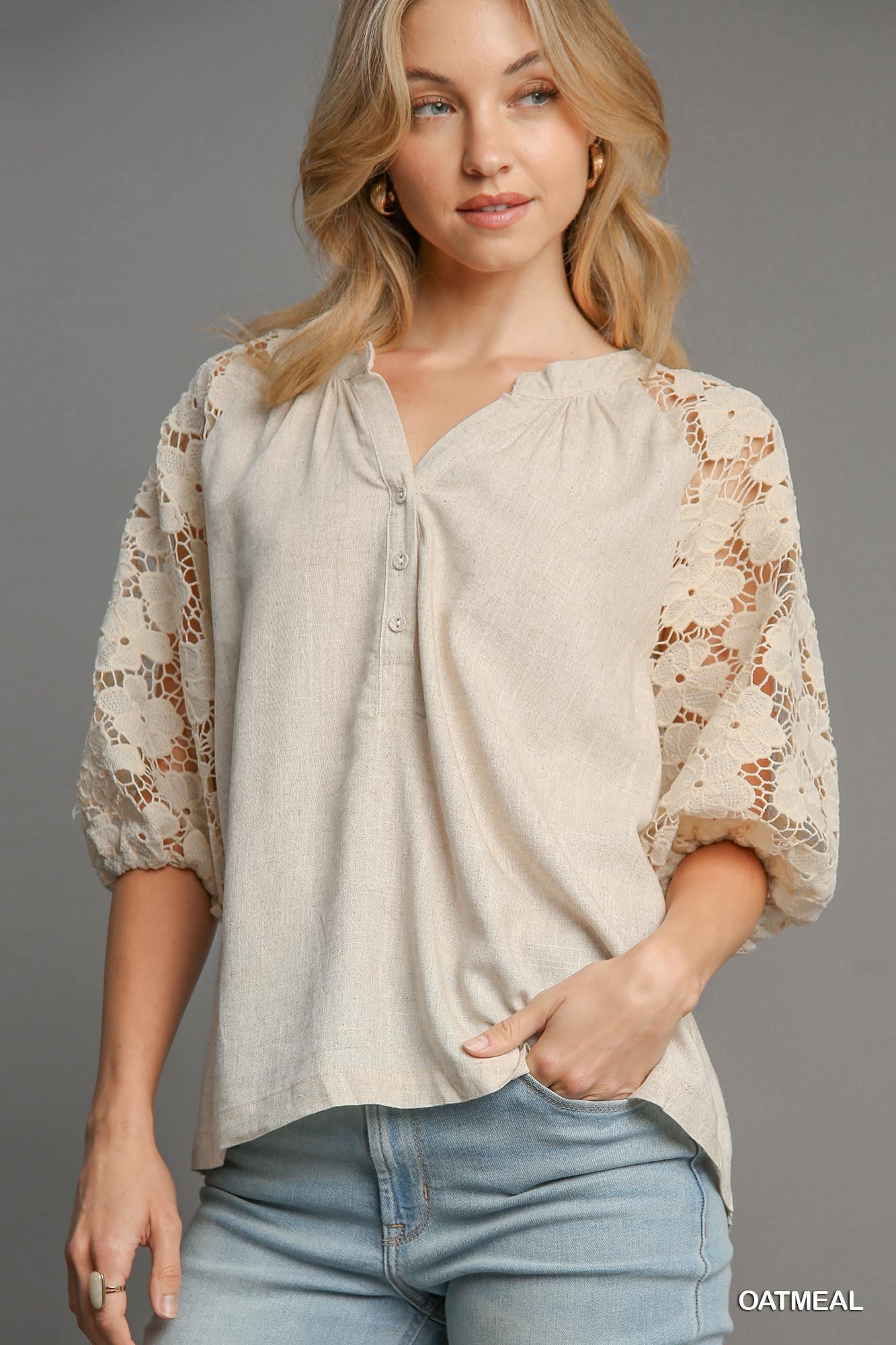 Oatmeal Linen Blend Top w/ Floral Lace Puff Sleeves