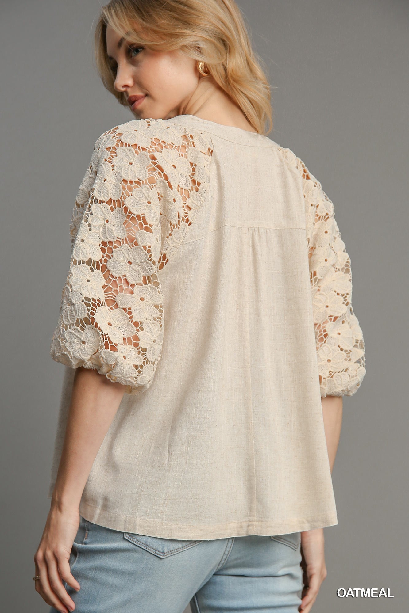 Oatmeal Linen Blend Top w/ Floral Lace Puff Sleeves