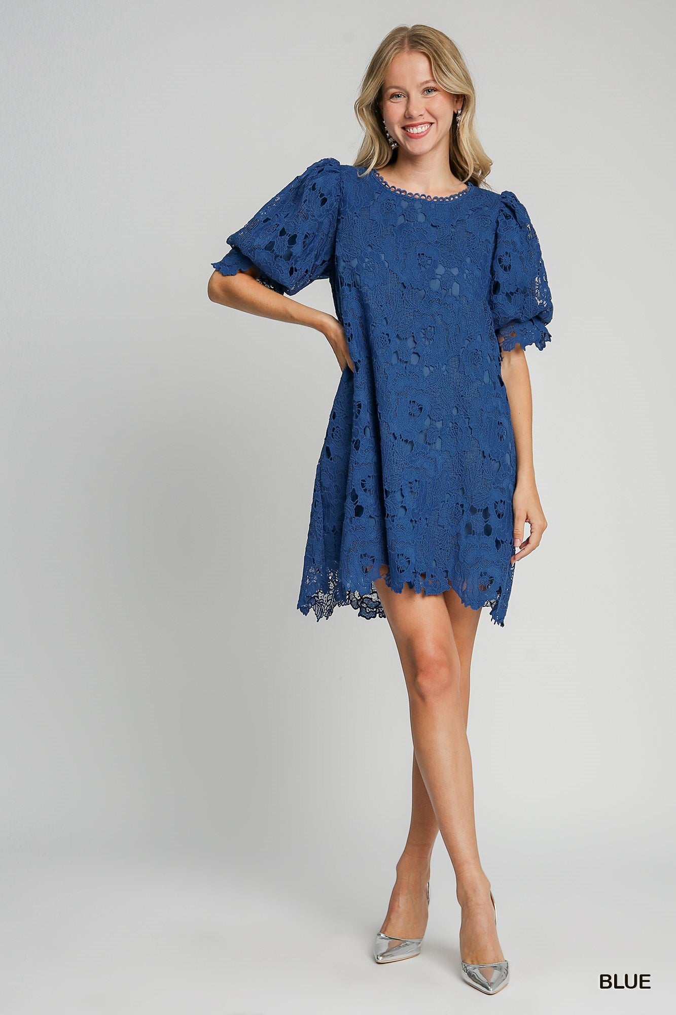 Blue Floral Lace Mini Dress