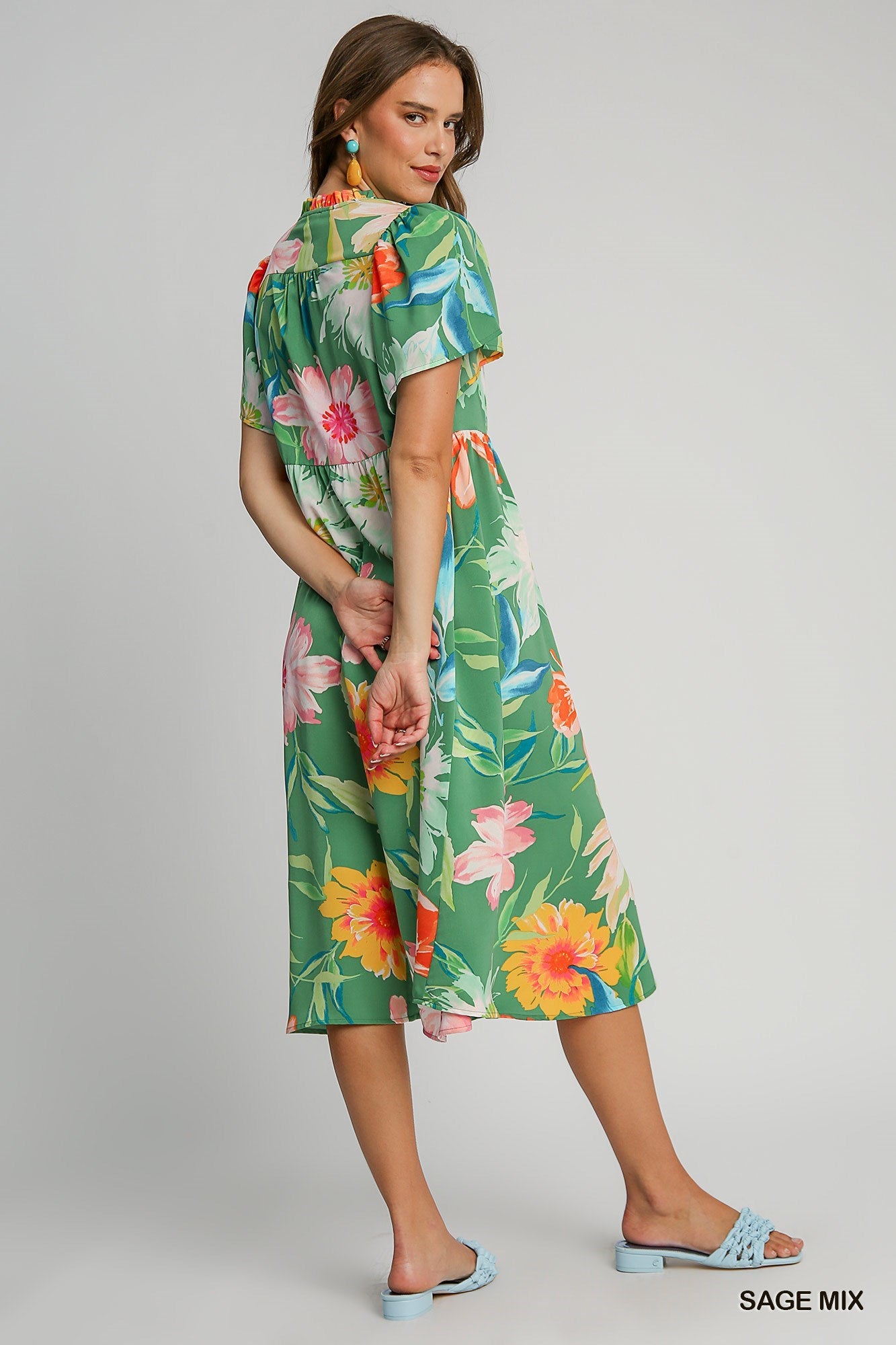 Sage Green Mixed Floral Print Midi Dress