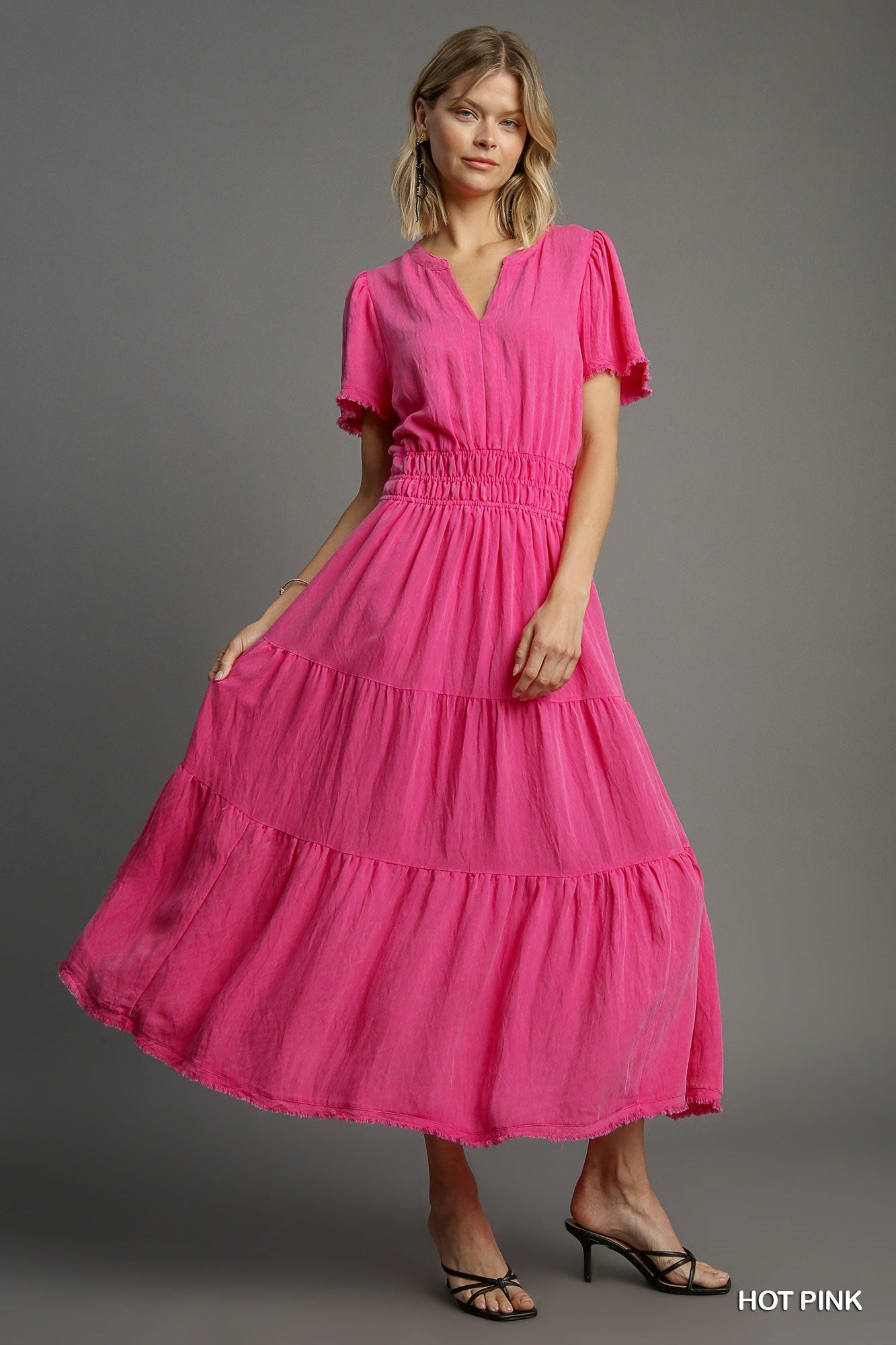 Hot Pink Snow Washed Tiered Maxi Dress