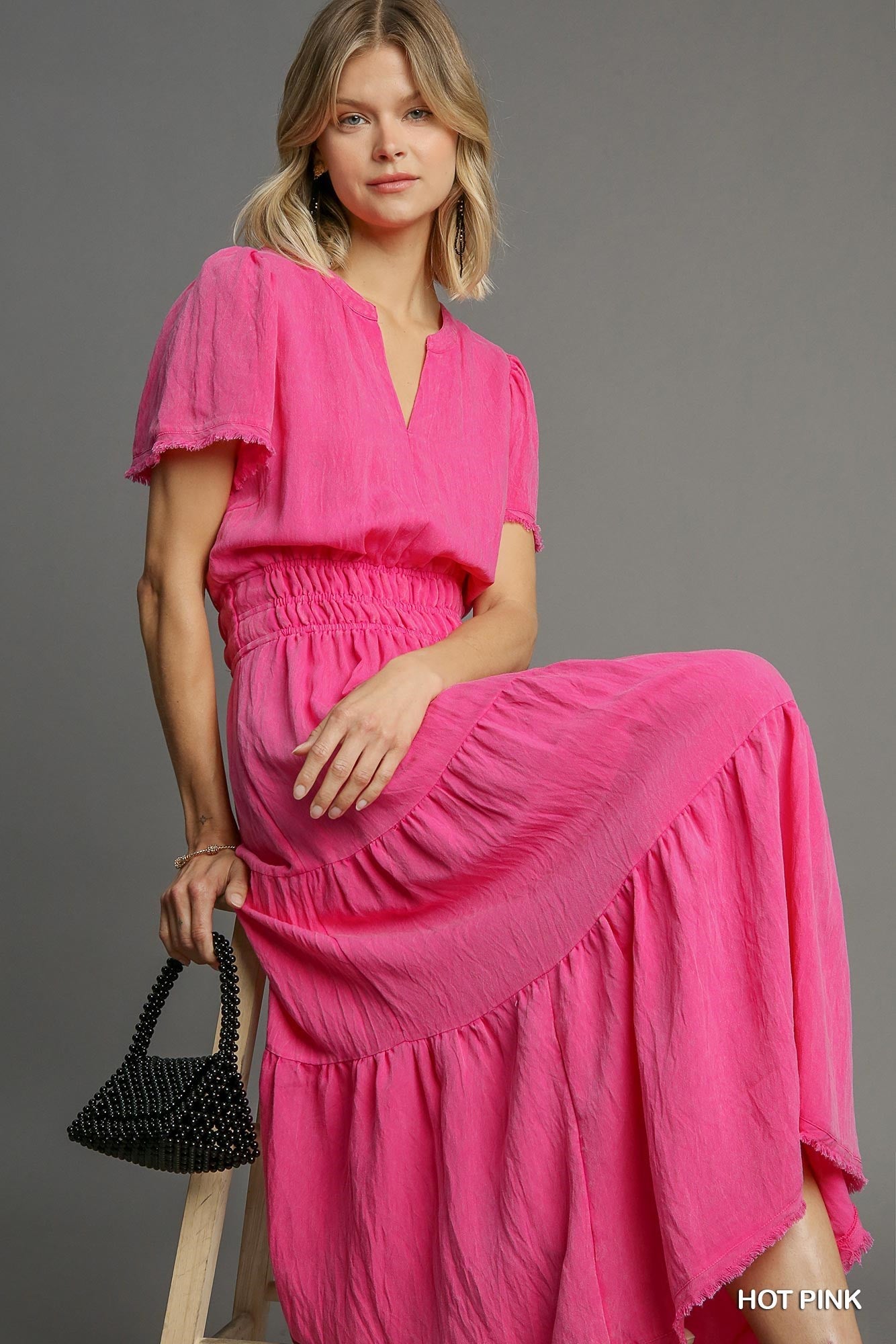 Hot Pink Snow Washed Tiered Maxi Dress