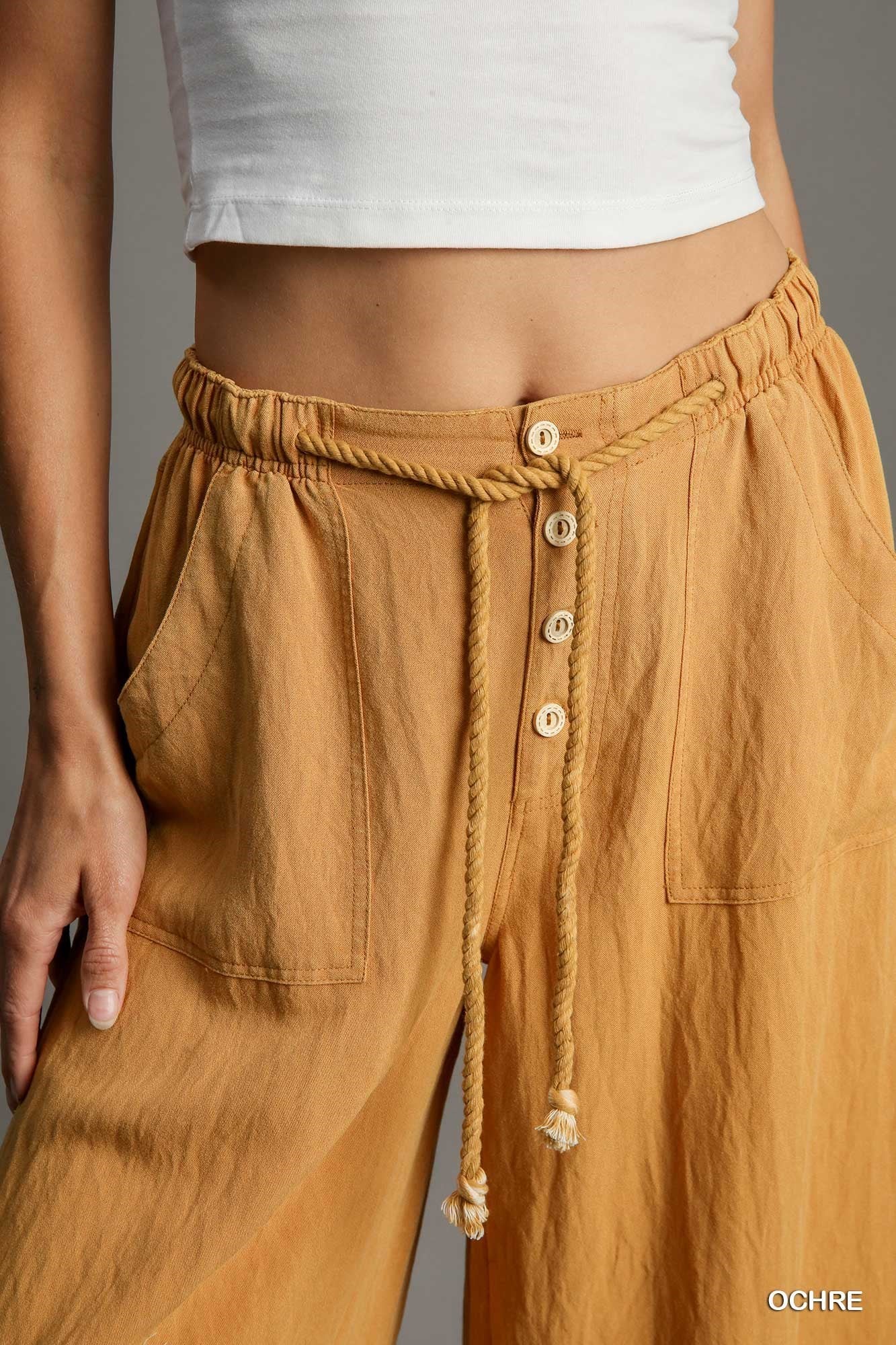 Mustard Snow Washed Denim Wide Leg Pants