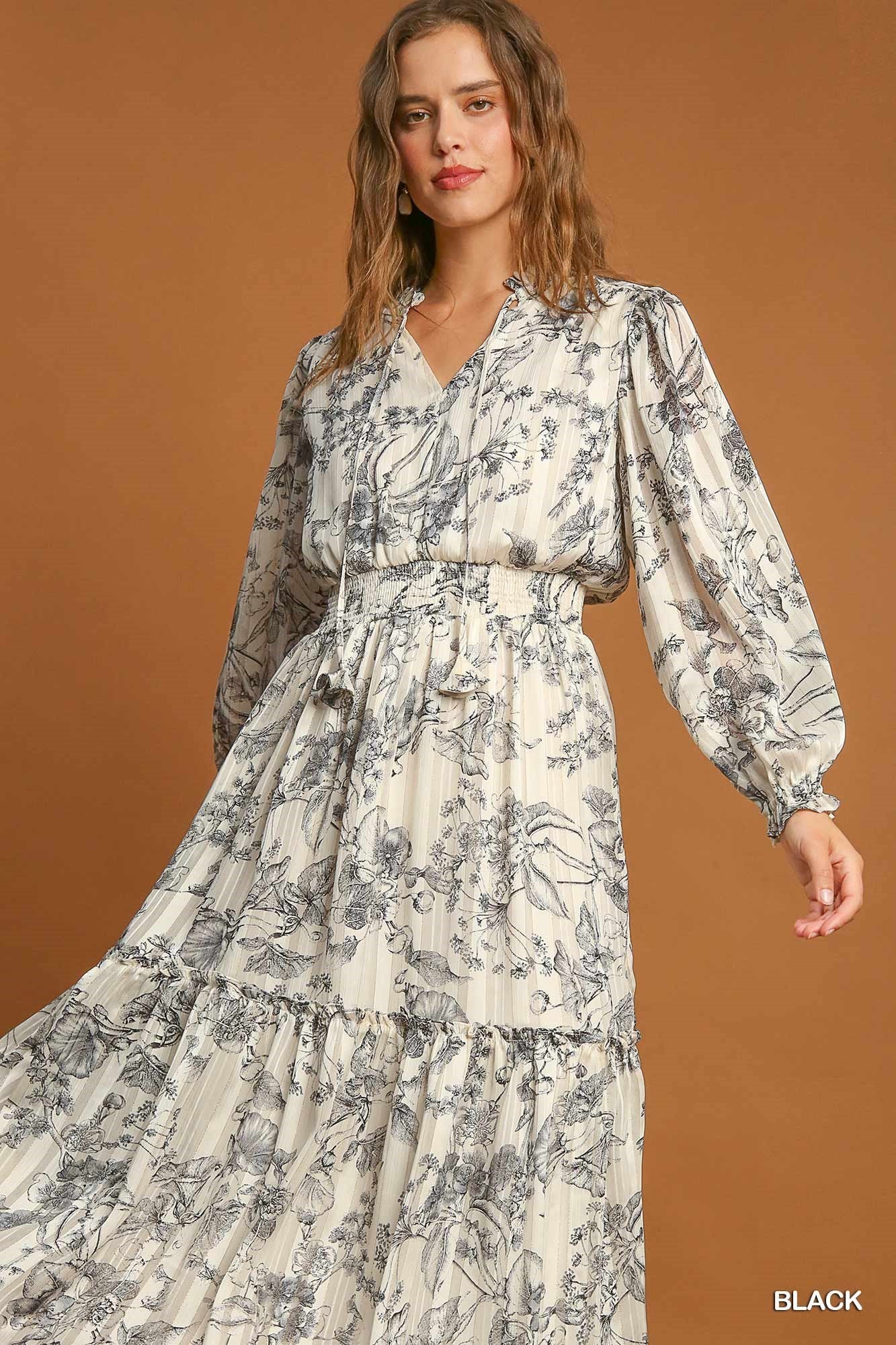 Cream w/ Black Floral Maxi Dress