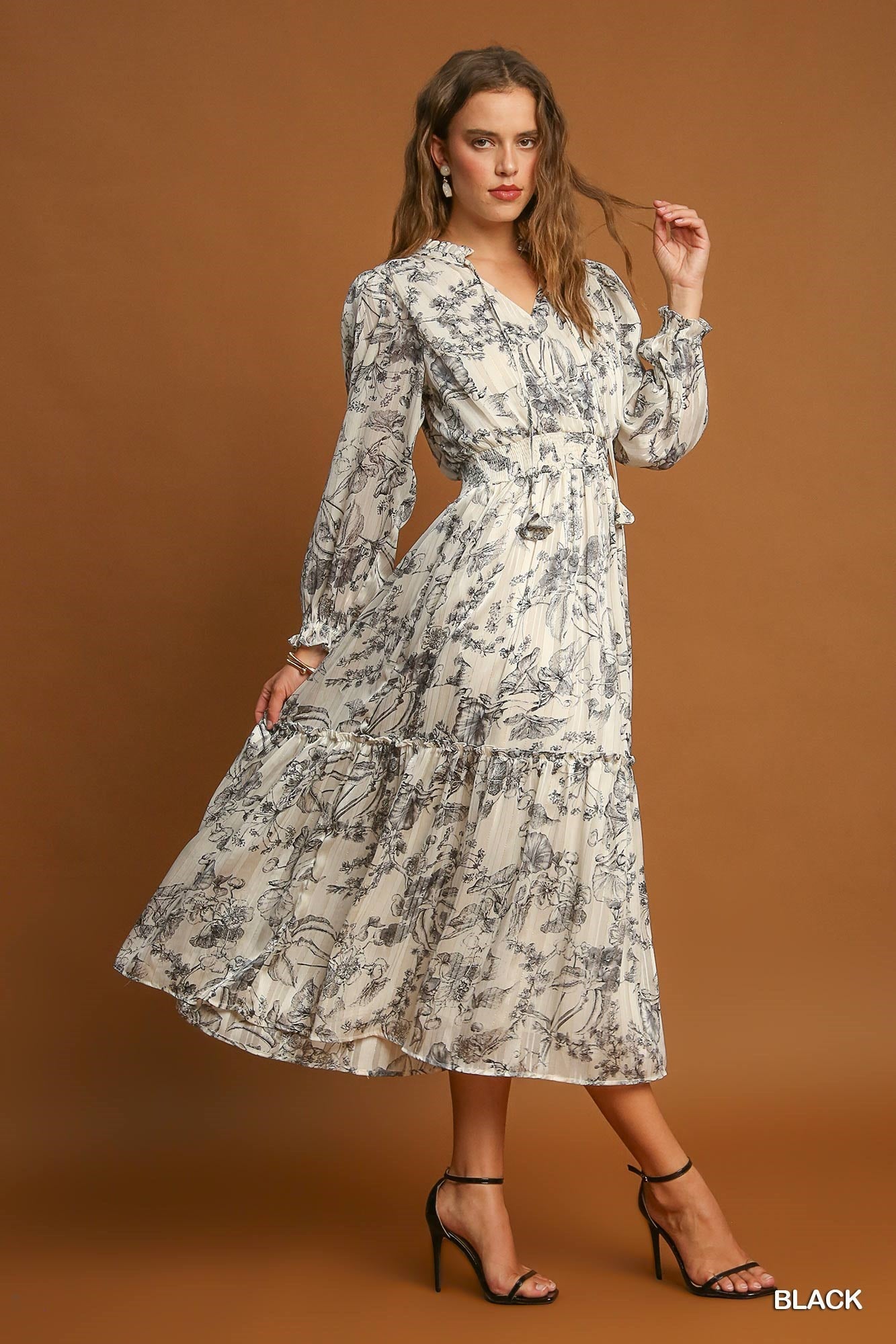 Cream w/ Black Floral Maxi Dress