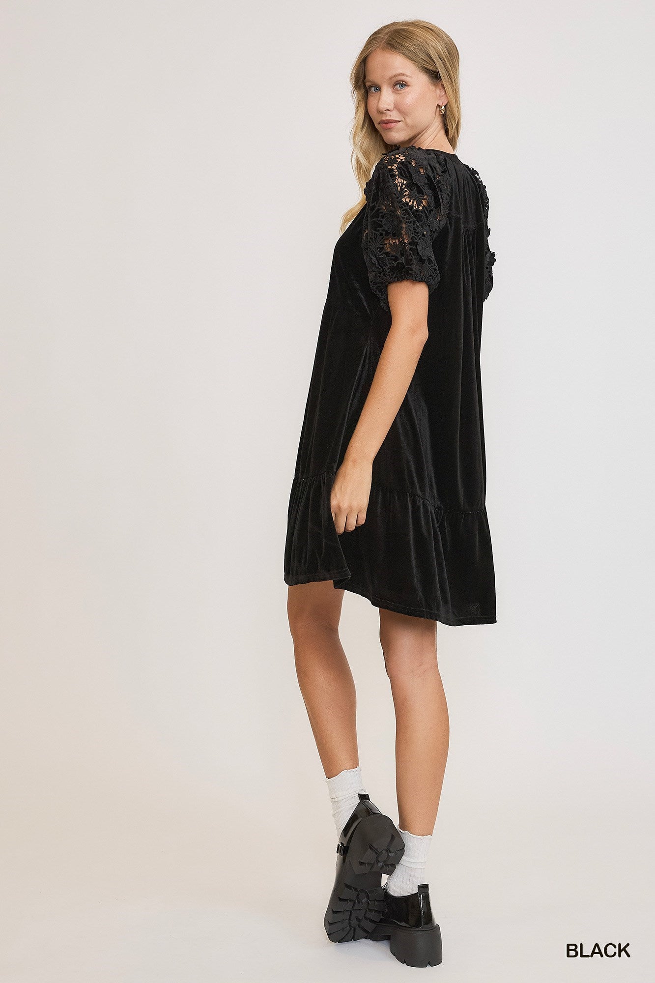 Black Velvet Tiered Dress w/ Lace Sleeves