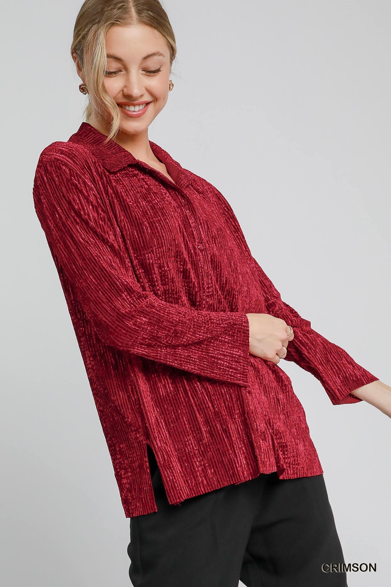 Crimson Red Textured Velvet Button Down Blouse