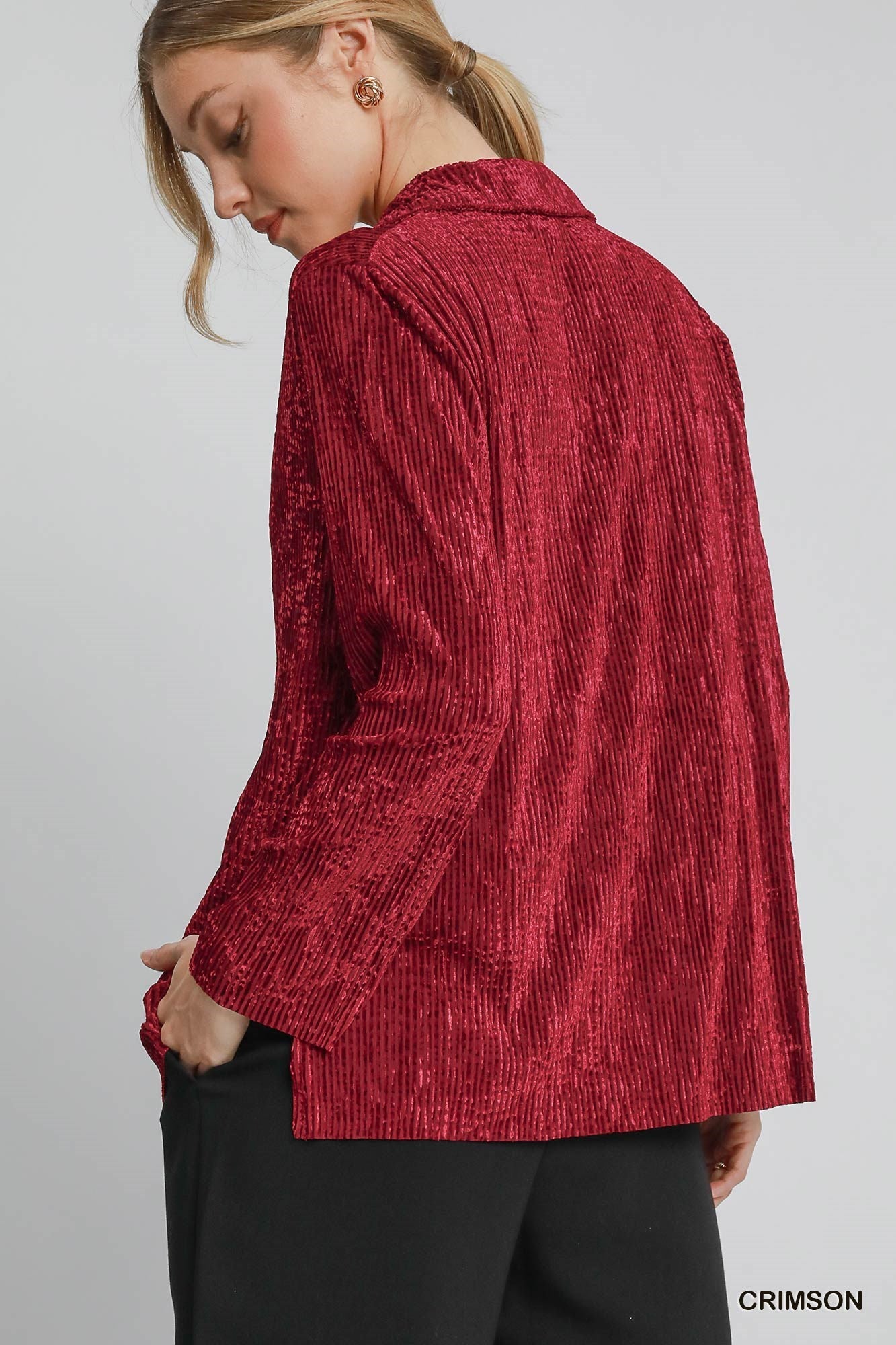 Crimson Red Textured Velvet Button Down Blouse