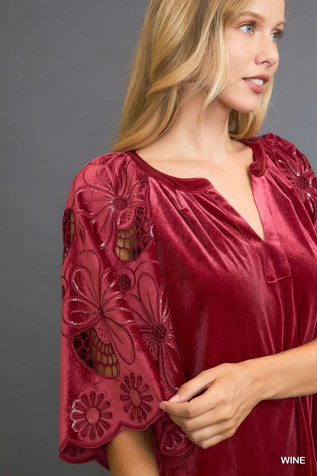 Red Wine Velvet Top w/ Cut Out Lace Sleeves