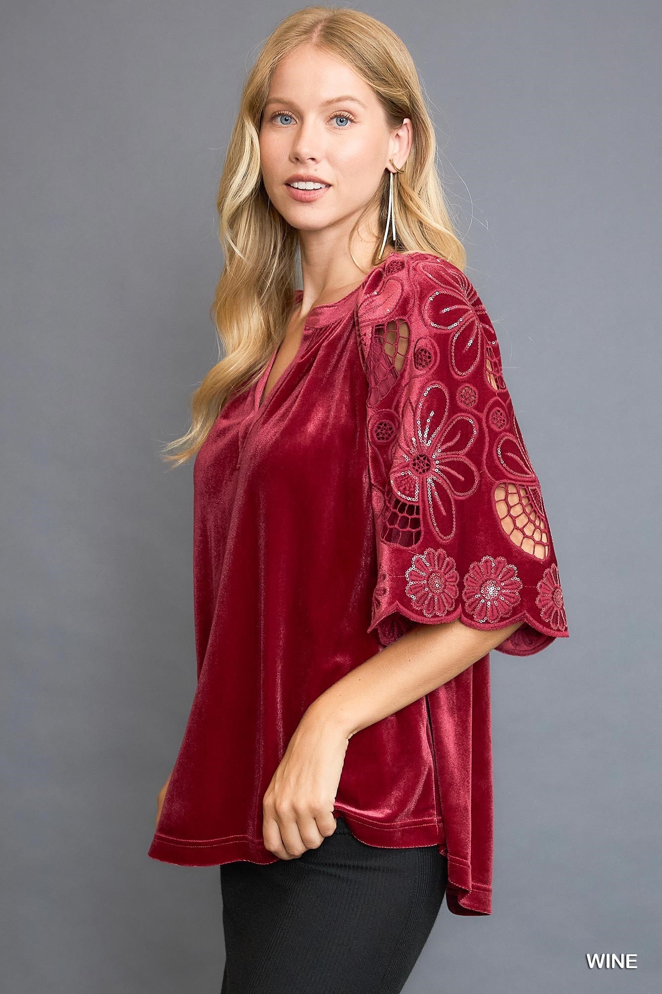 Red Wine Velvet Top w/ Cut Out Lace Sleeves