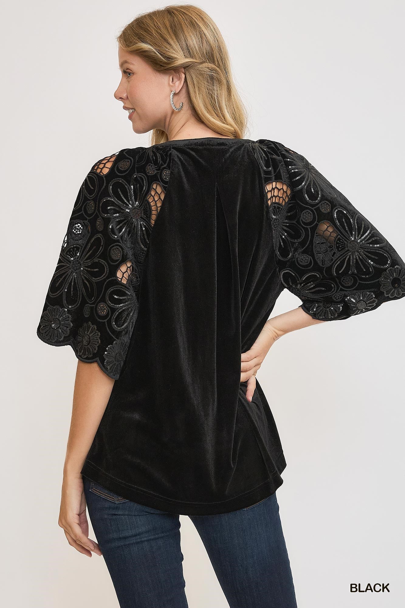 Black Velvet Top w/ Cut Out Lace Sleeves