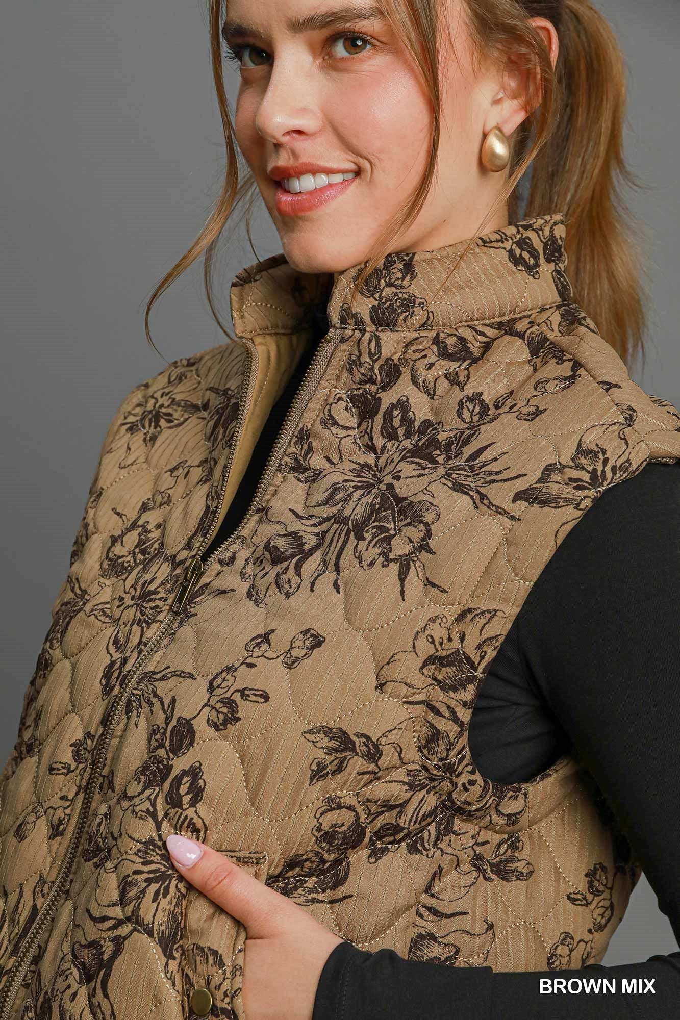 Brown Mix Quilted Floral Print Vest