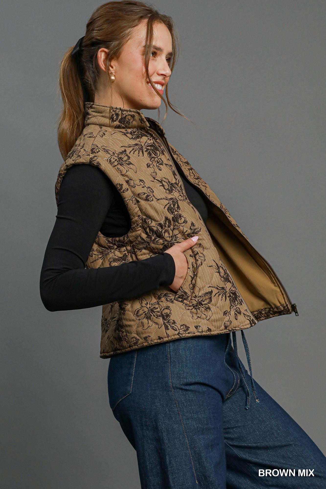 Brown Mix Quilted Floral Print Vest