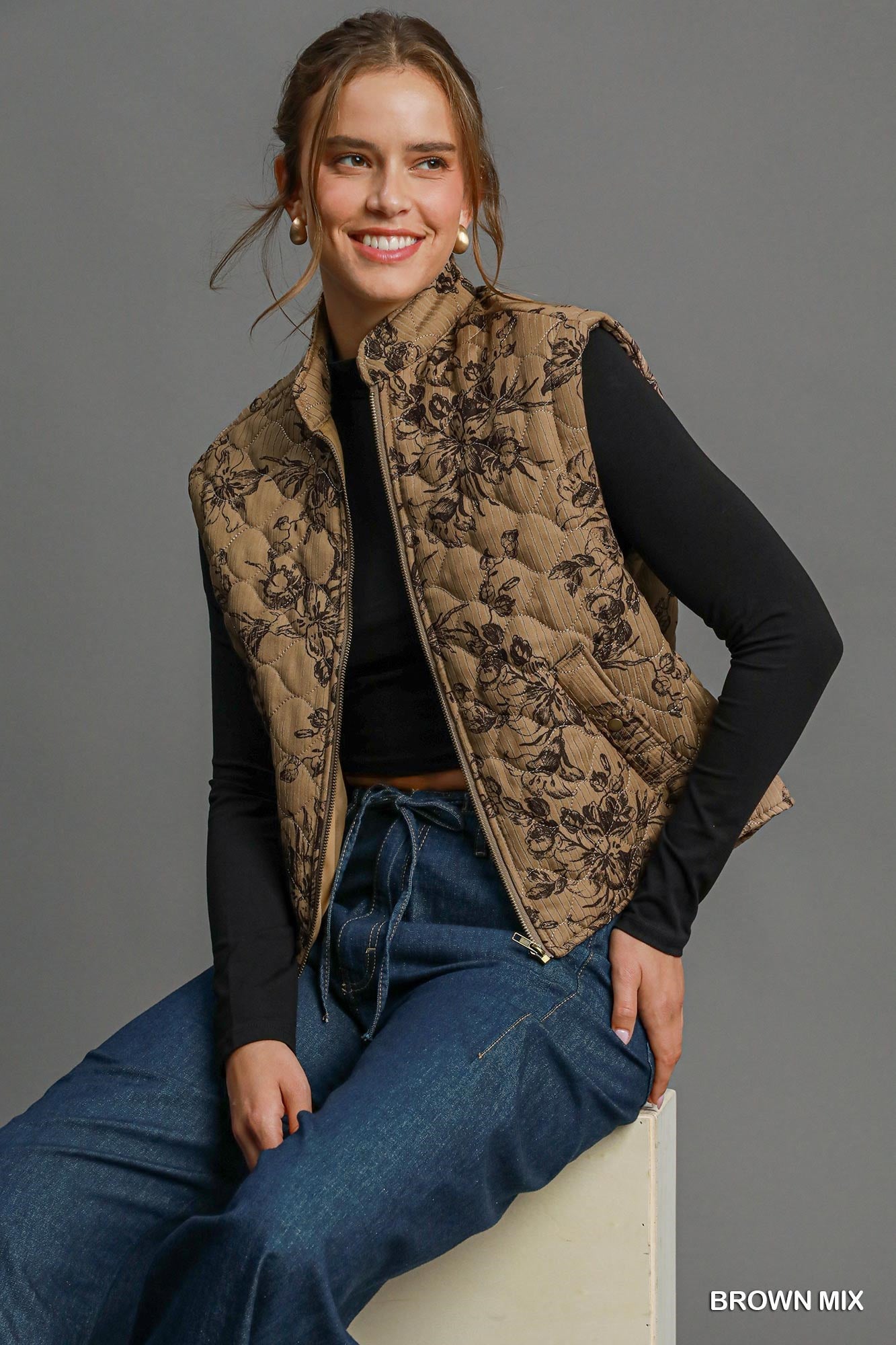 Brown Mix Quilted Floral Print Vest