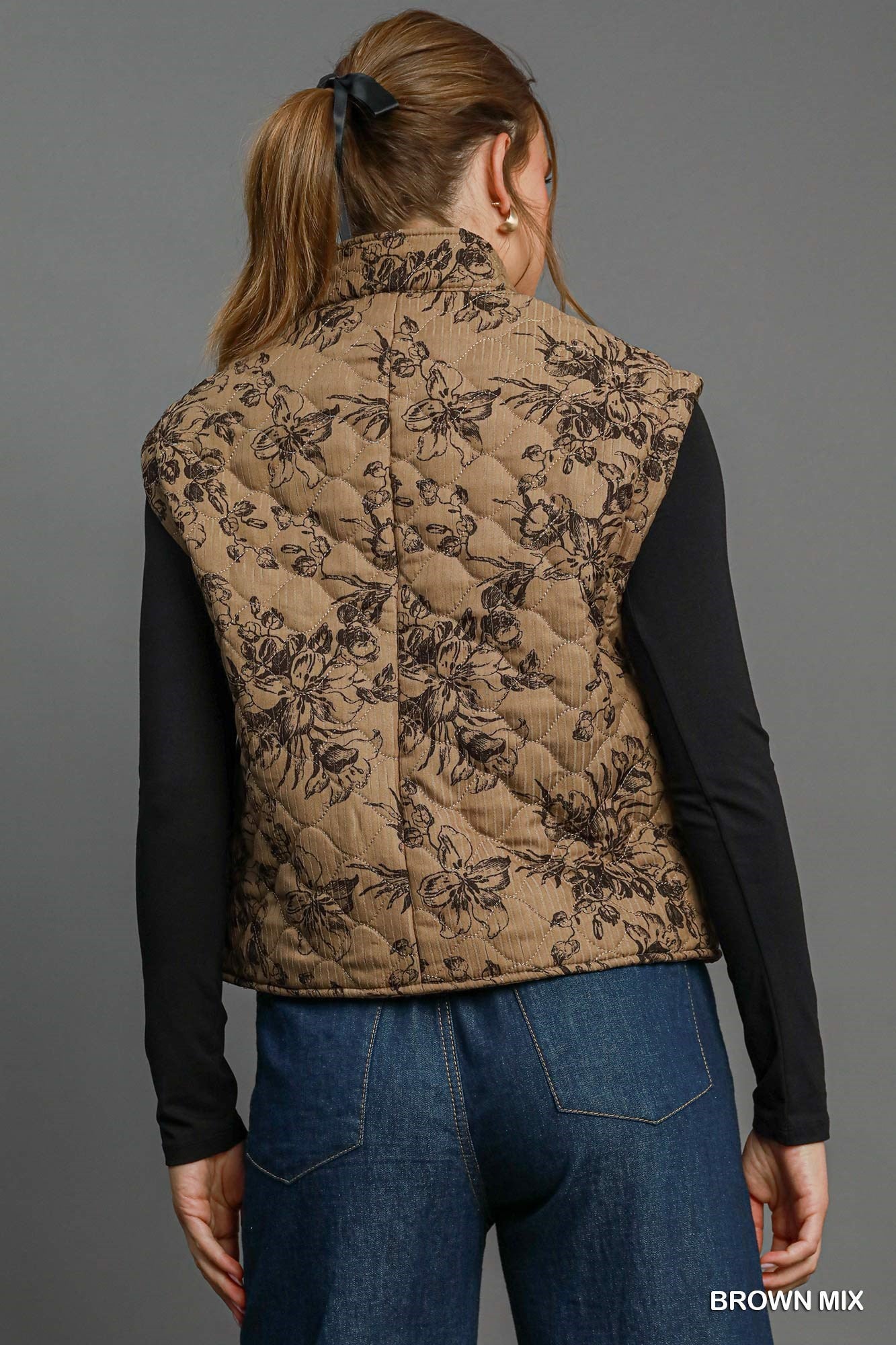 Brown Mix Quilted Floral Print Vest