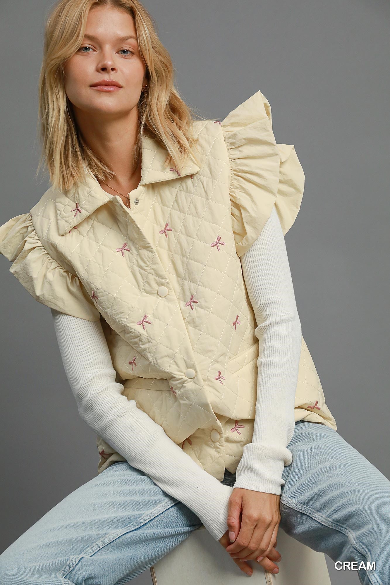 Cream w/ Pink Ribbon Embroidery Quilted Vest Jacket