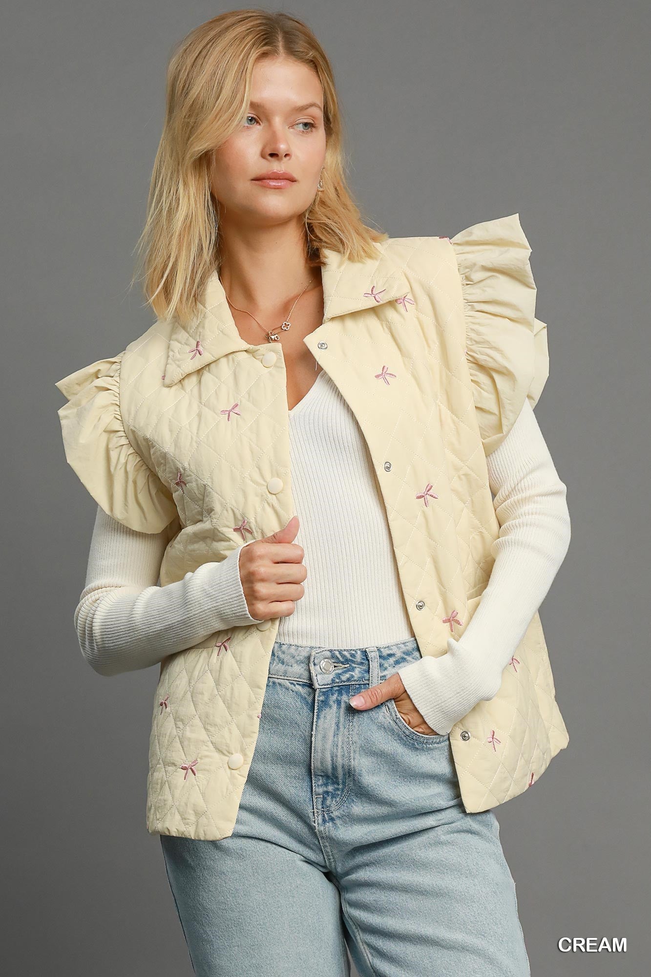 Cream w/ Pink Ribbon Embroidery Quilted Vest Jacket