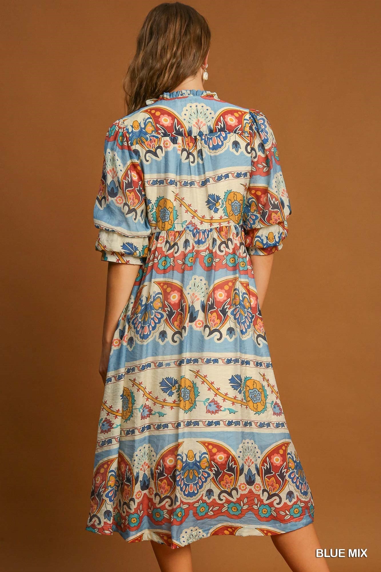 Blue, Cream & Rust Border Print Dress