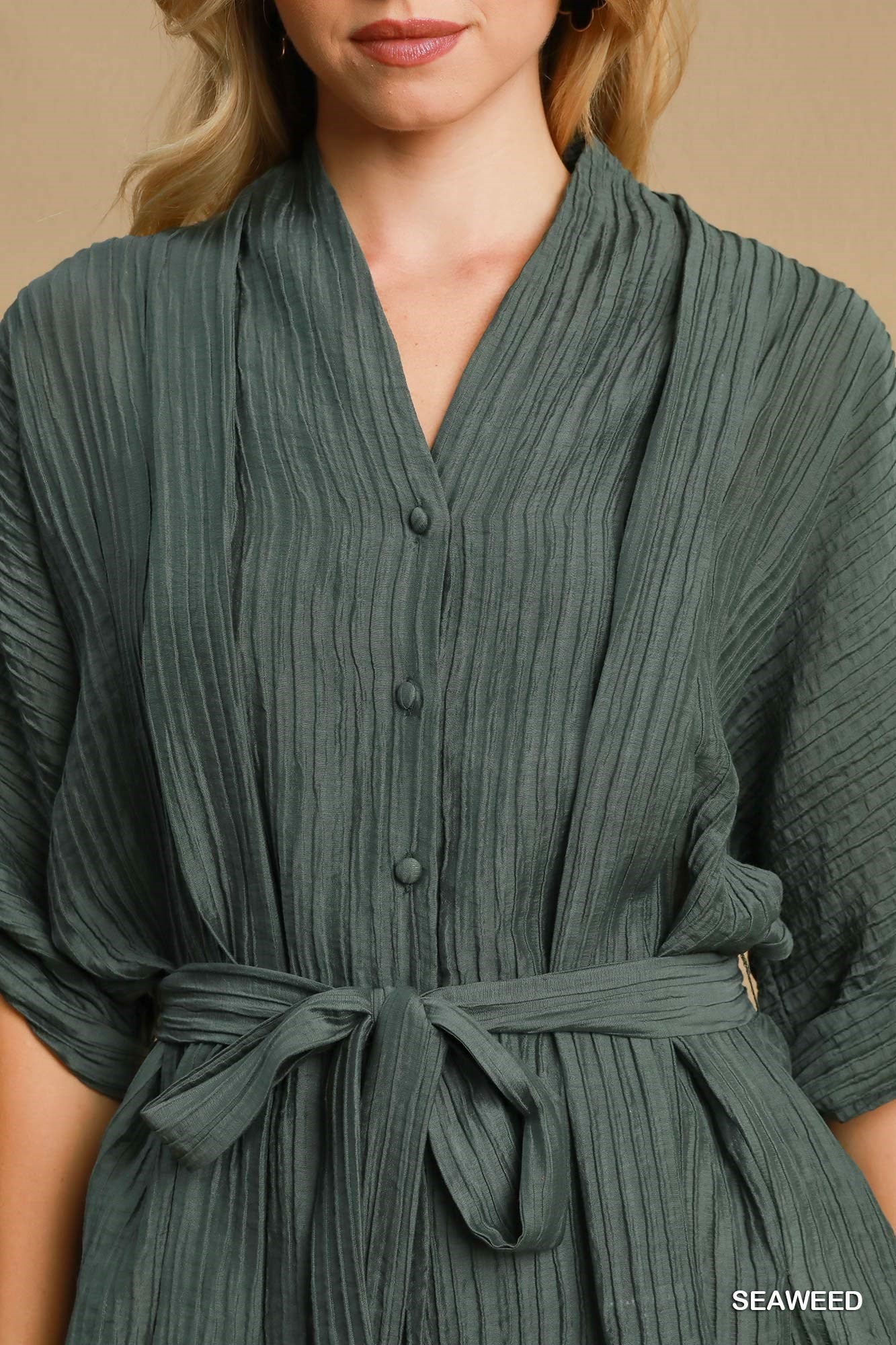 Olive Crinkled Fabric Collared Top