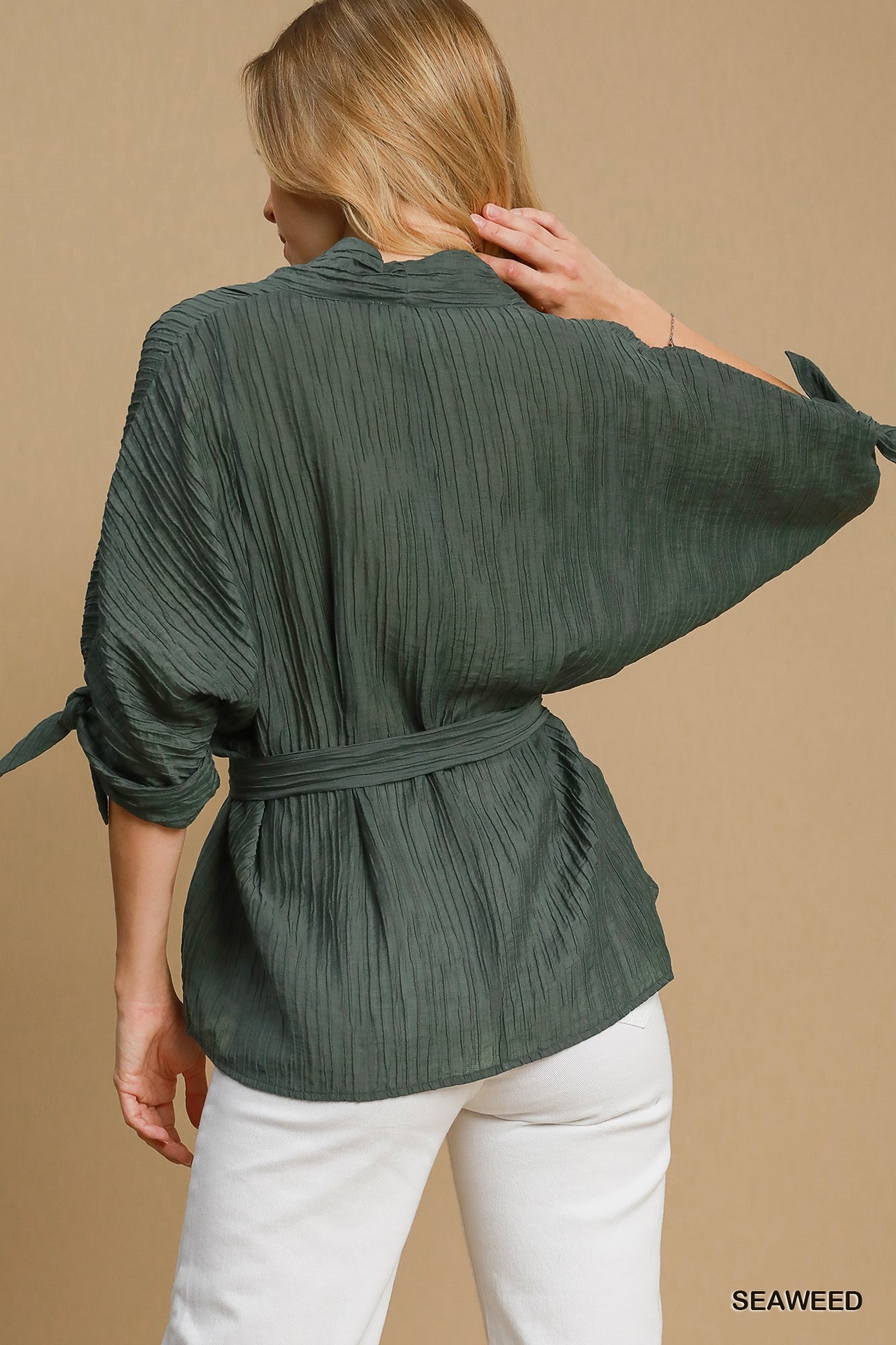 Olive Crinkled Fabric Collared Top