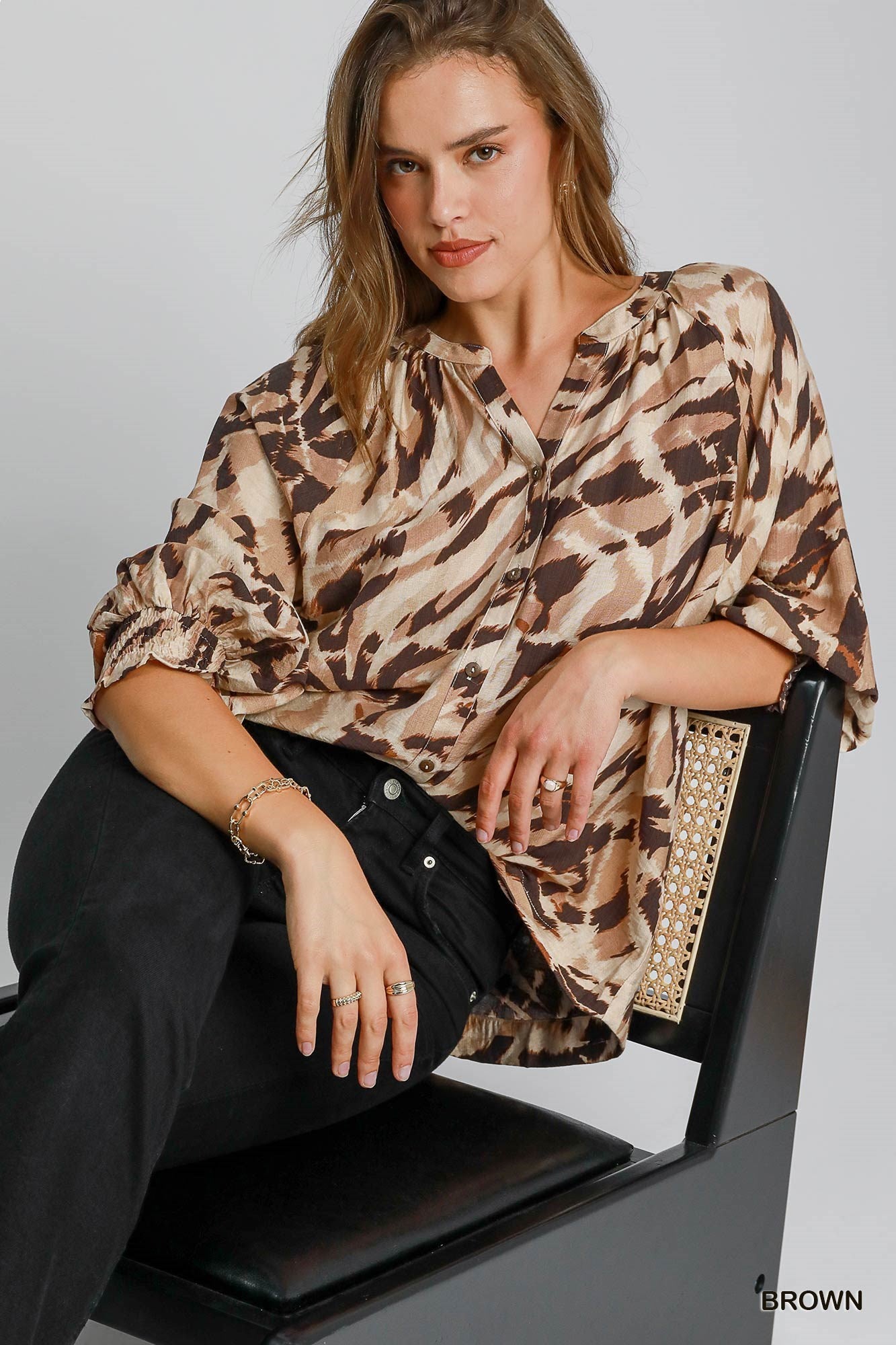 Earth Tone Animal Print Button Down Top