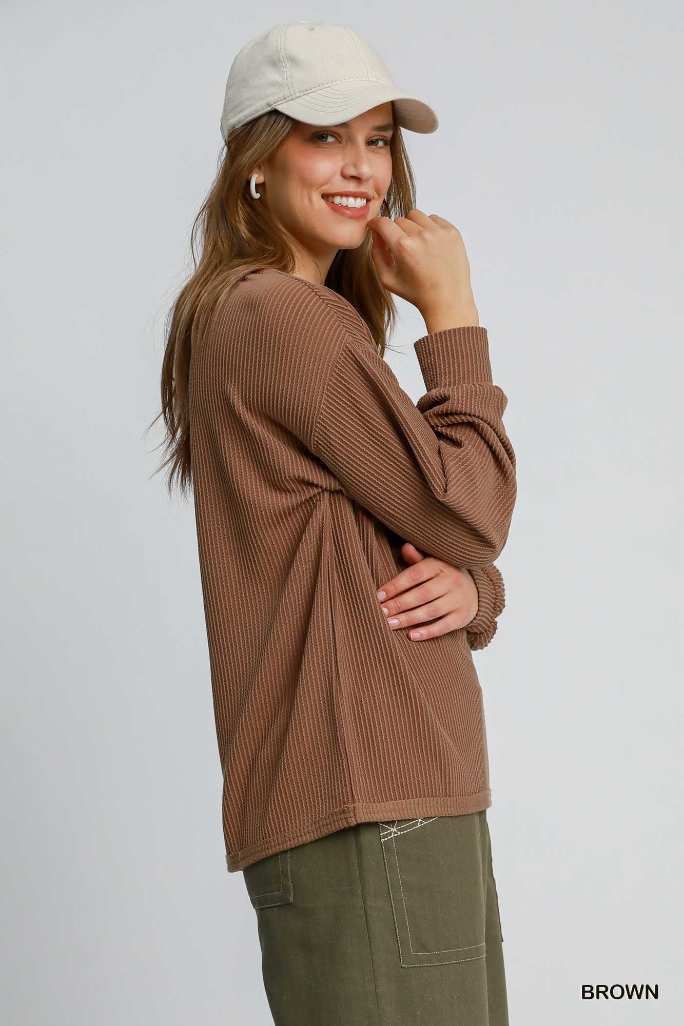 Brown Textured Knit Long Sleeve Top