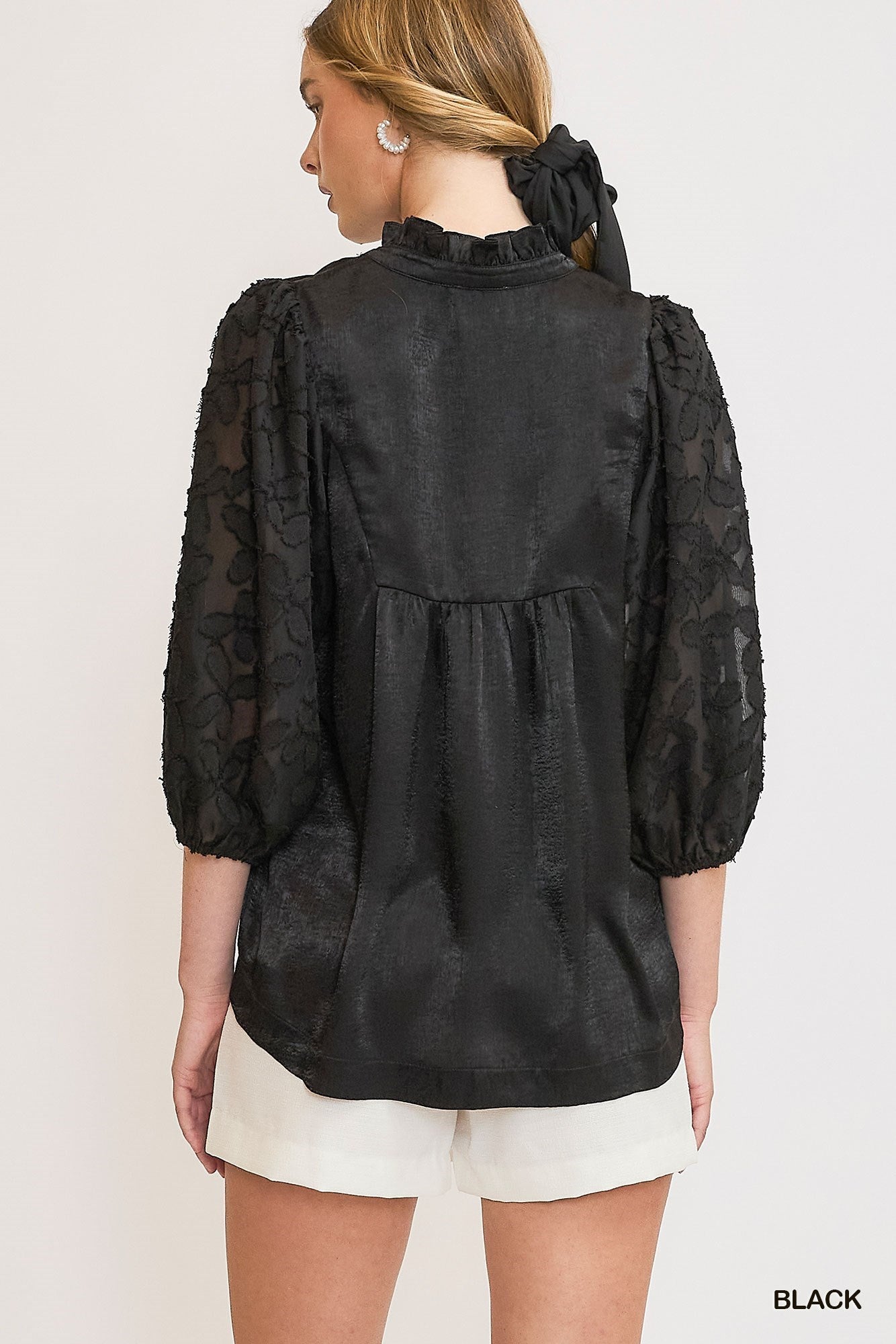 Black Satin Like Top w/ Burnout Puff Sleeves