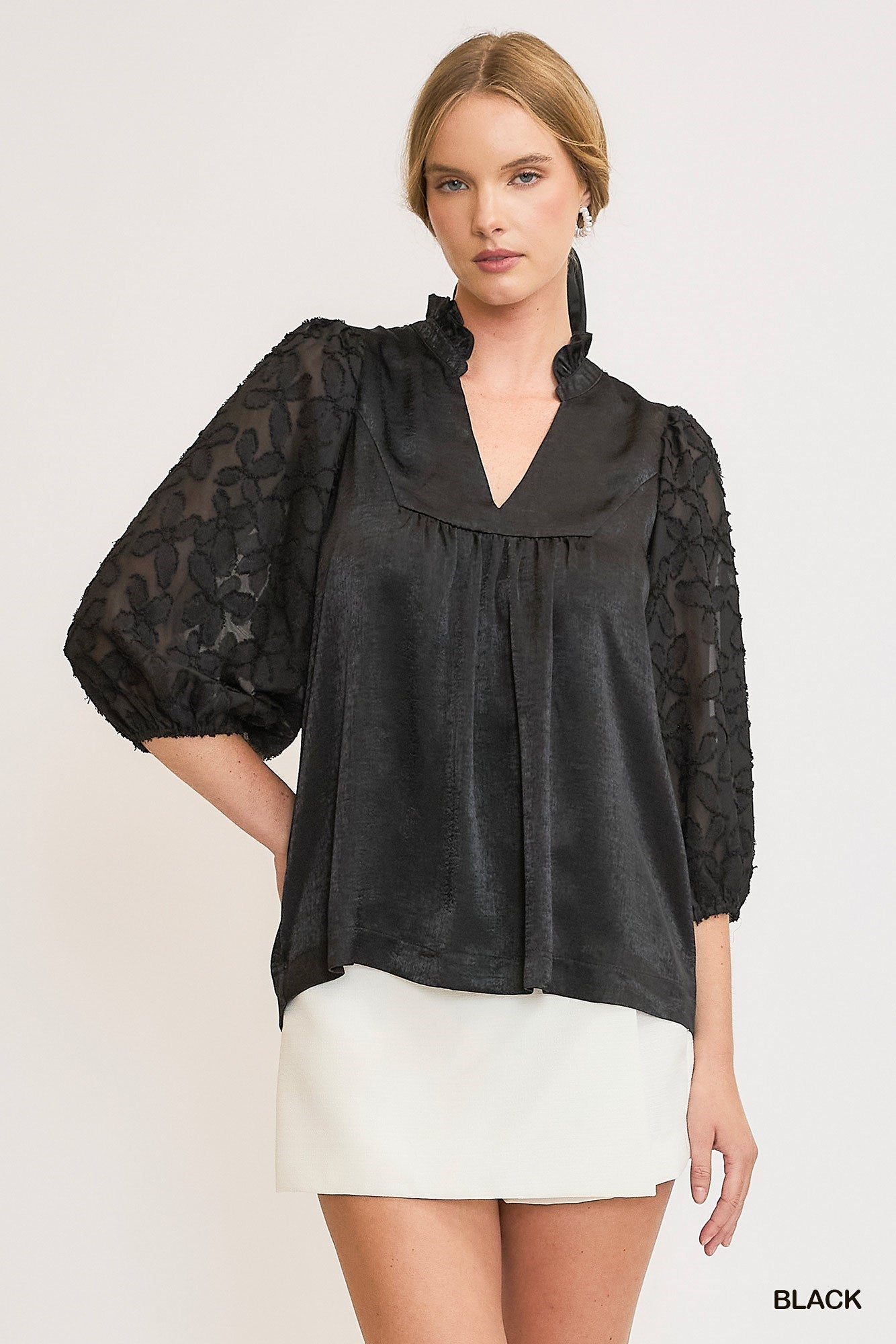 Black Satin Like Top w/ Burnout Puff Sleeves