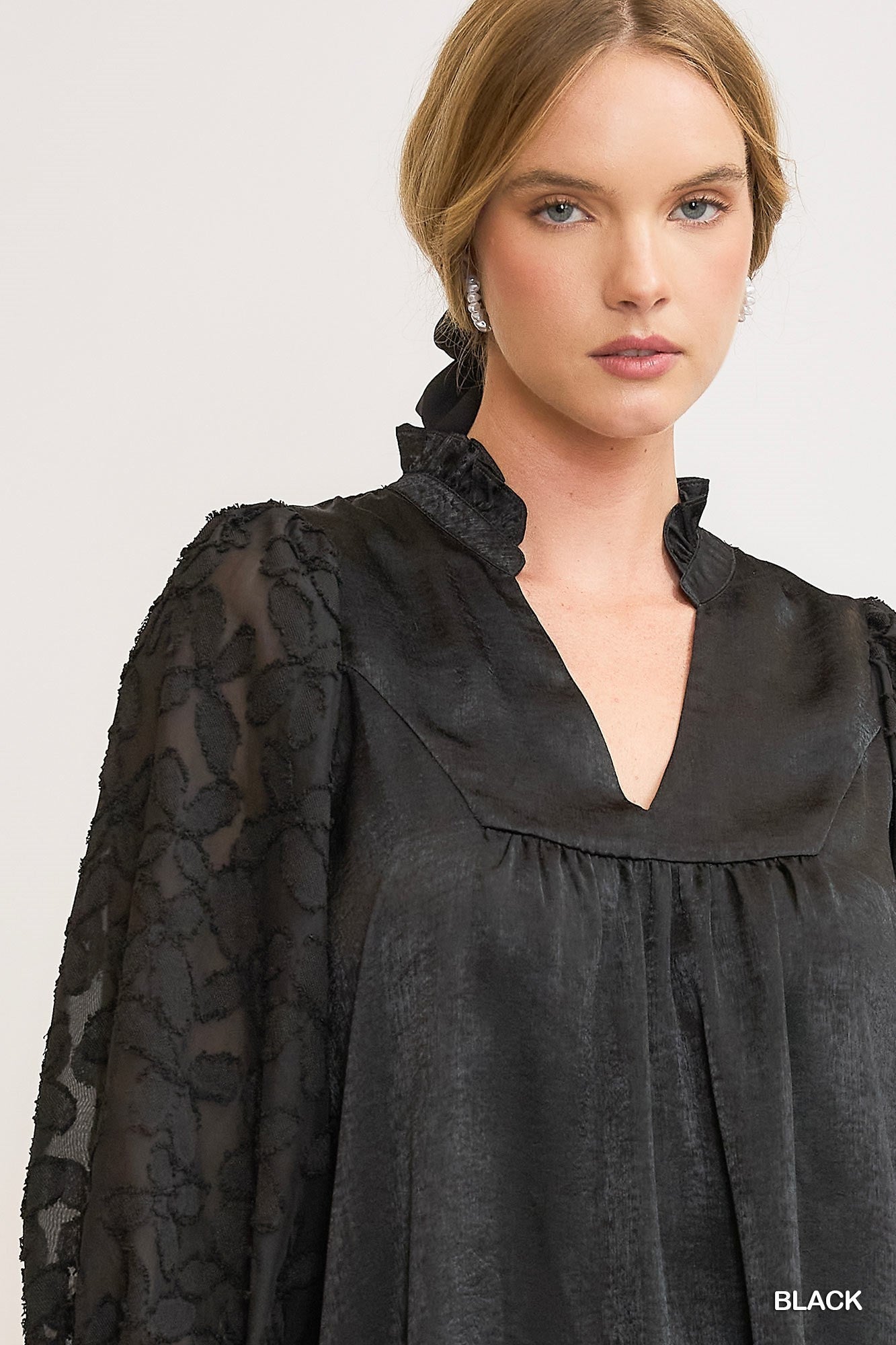 Black Satin Like Top w/ Burnout Puff Sleeves