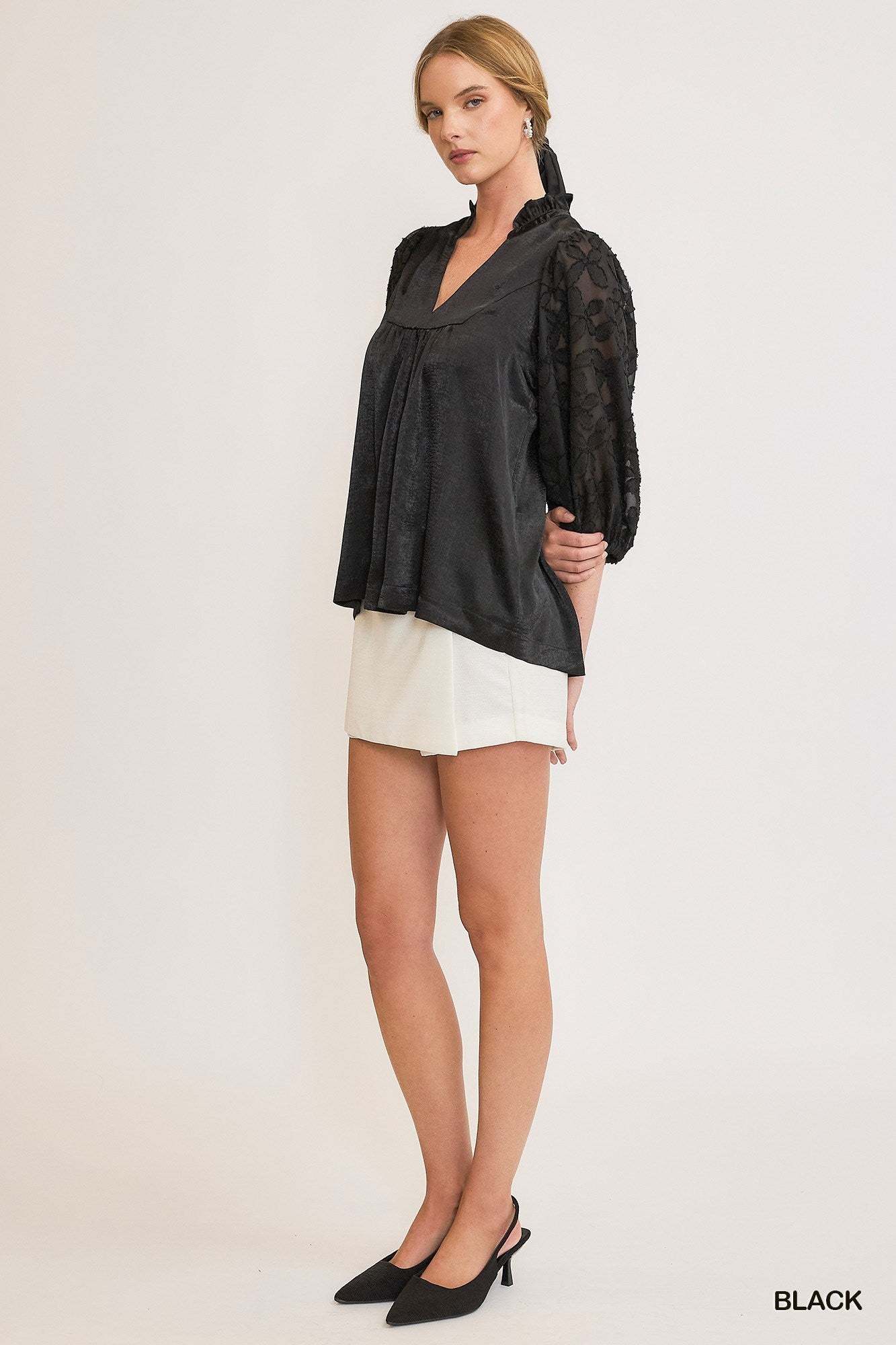 Black Satin Like Top w/ Burnout Puff Sleeves