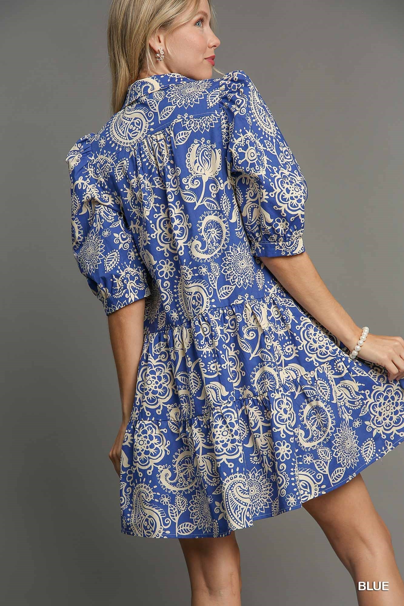 Blue & Cream Paisley Print Mini Dress