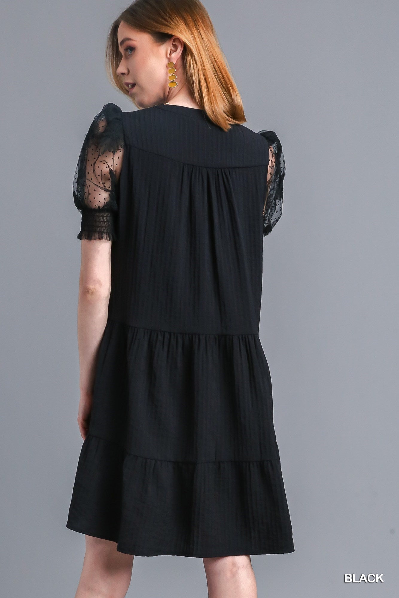 Black Crinkle Tiered Dress w/ Mesh Sleeves